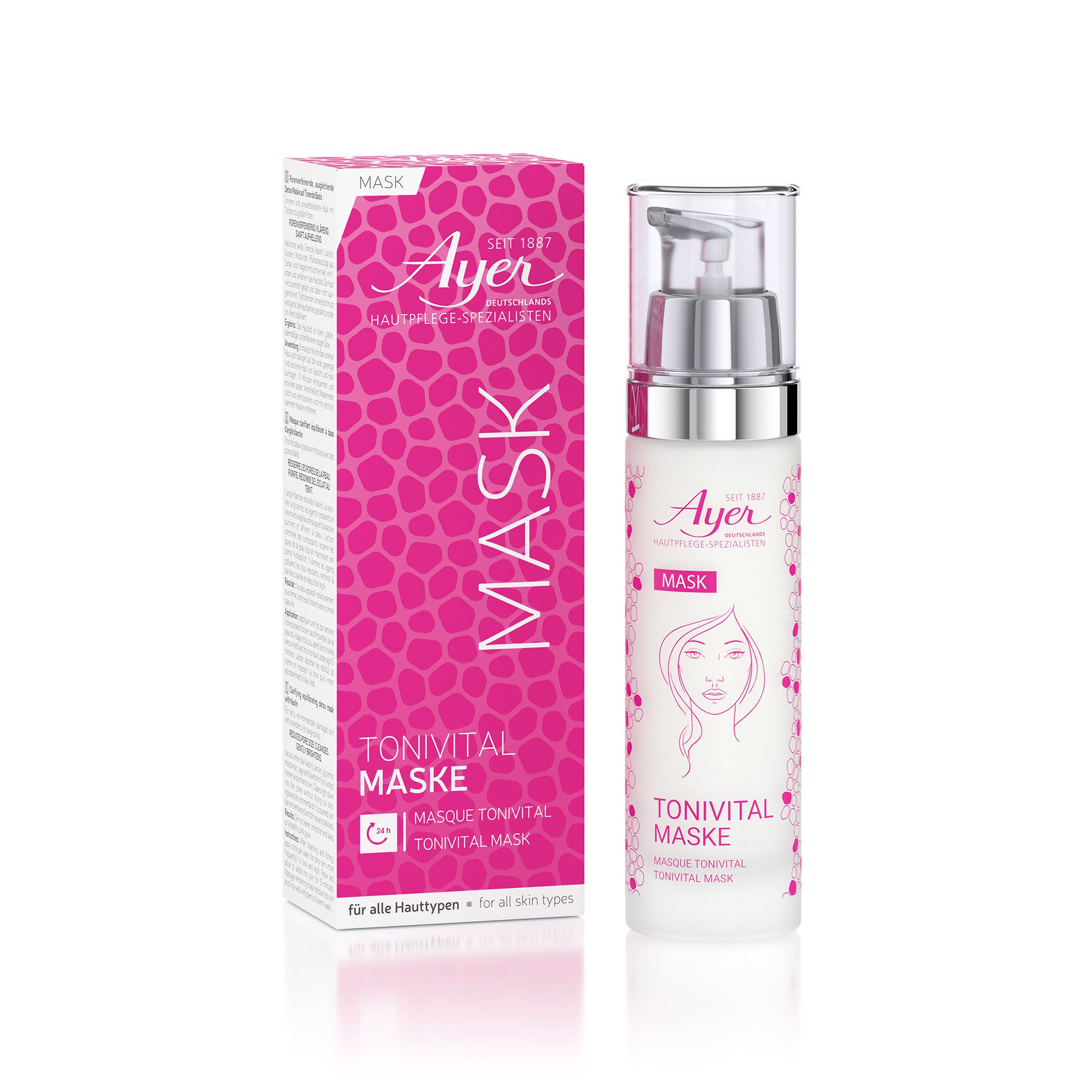 Flacon Ayer Tonivital Maske avec pompe doseuse et emballage. Design rose et blanc. Texte: Mask, Tonivital Maske, pour tous types de peau.
