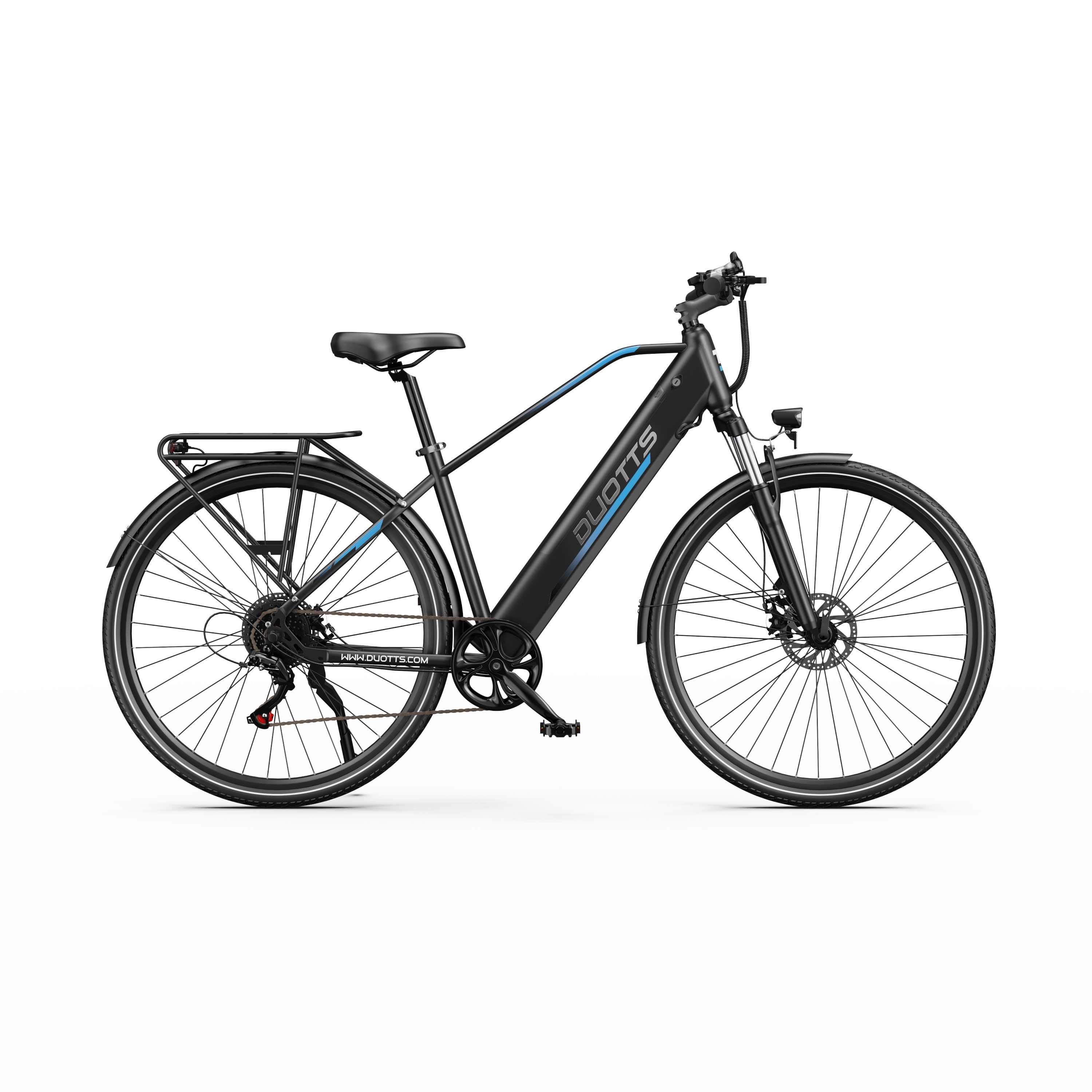 Vélo électrique DUOTTS C29Lite noir. Porte-bagages, freins à disque. Détails bleus sur le cadre. Vue latérale.
