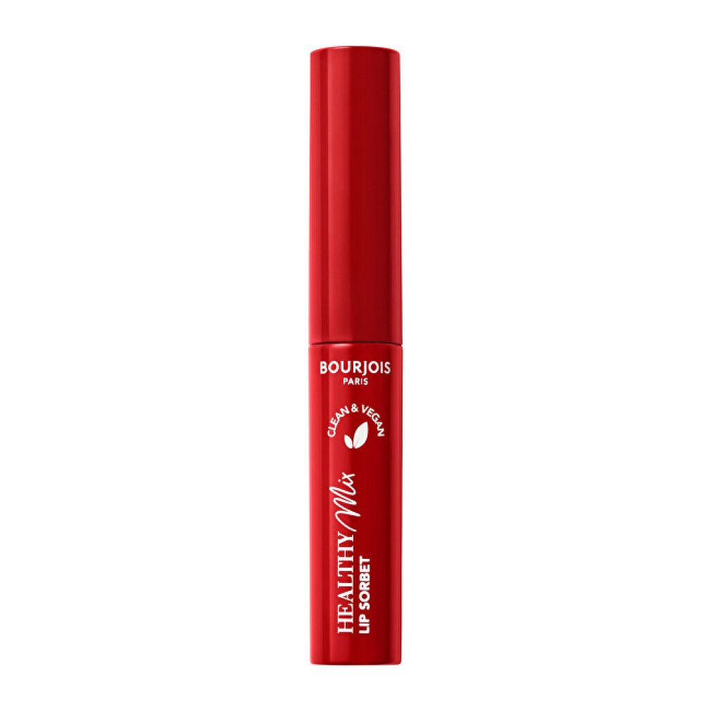 Bâton de sorbet pour les lèvres rouge. Inscription: Bourjois Paris, Healthy Mix Lip Sorbet, Clean & Vegan.