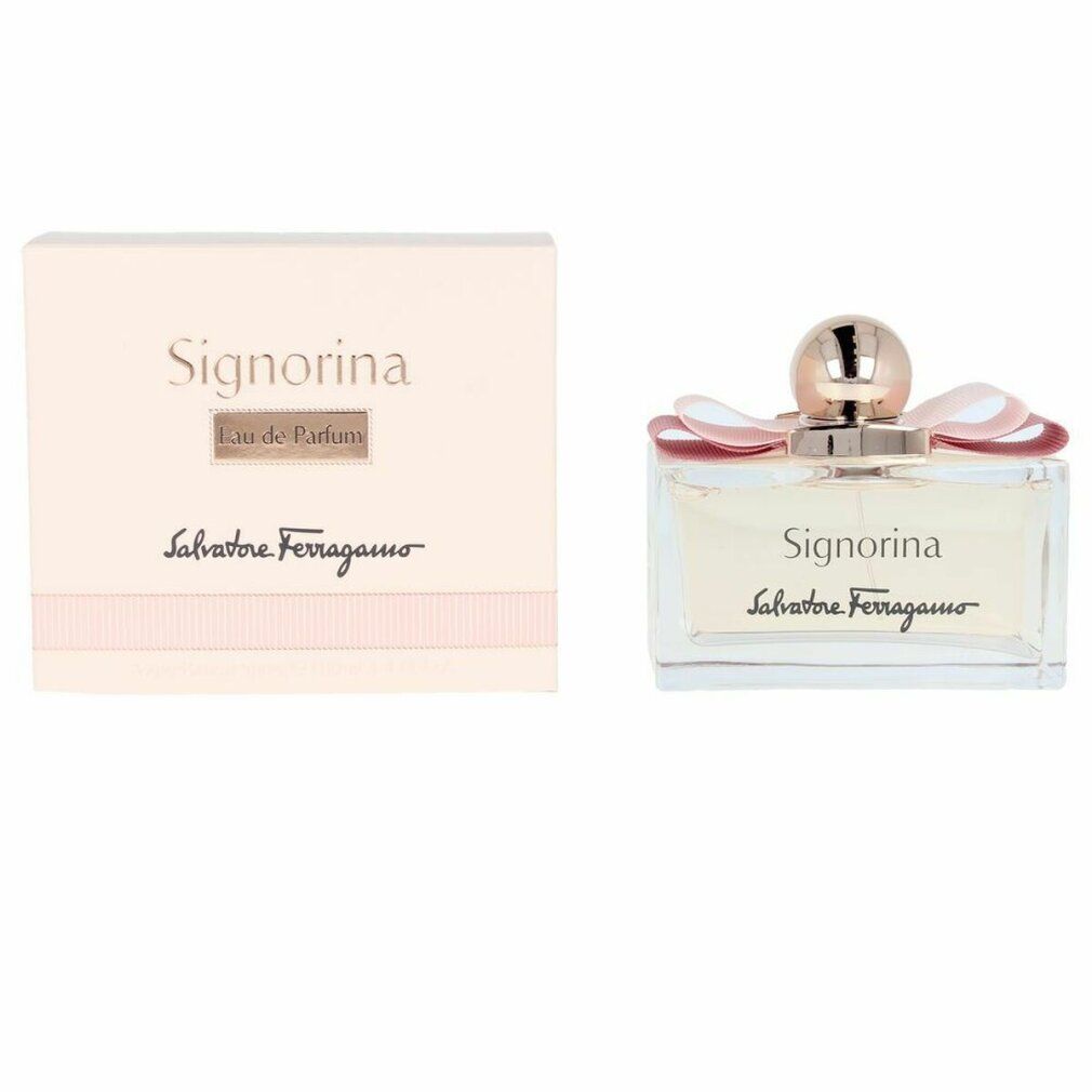 Vaporisateur Signorina Eau de Parfum et emballage. Flacon rectangulaire, liquide rose, nœud rose, bouchon cuivré.
