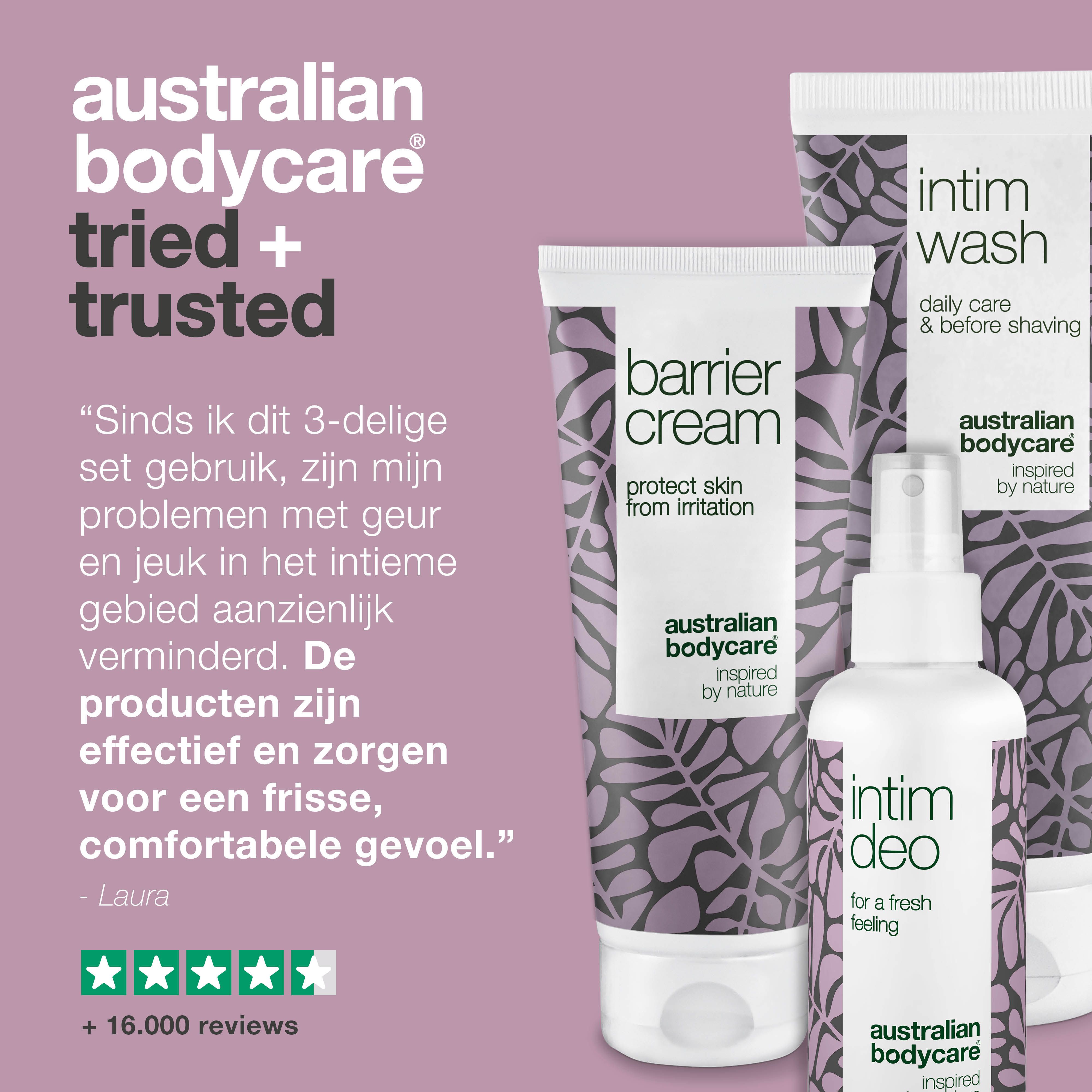 Productafbeelding met tekst. Producten: Intim Wash, Barrier Cream, Intim Deo. Tekst: Ervaringsverslag. Merk: Australian Bodycare.