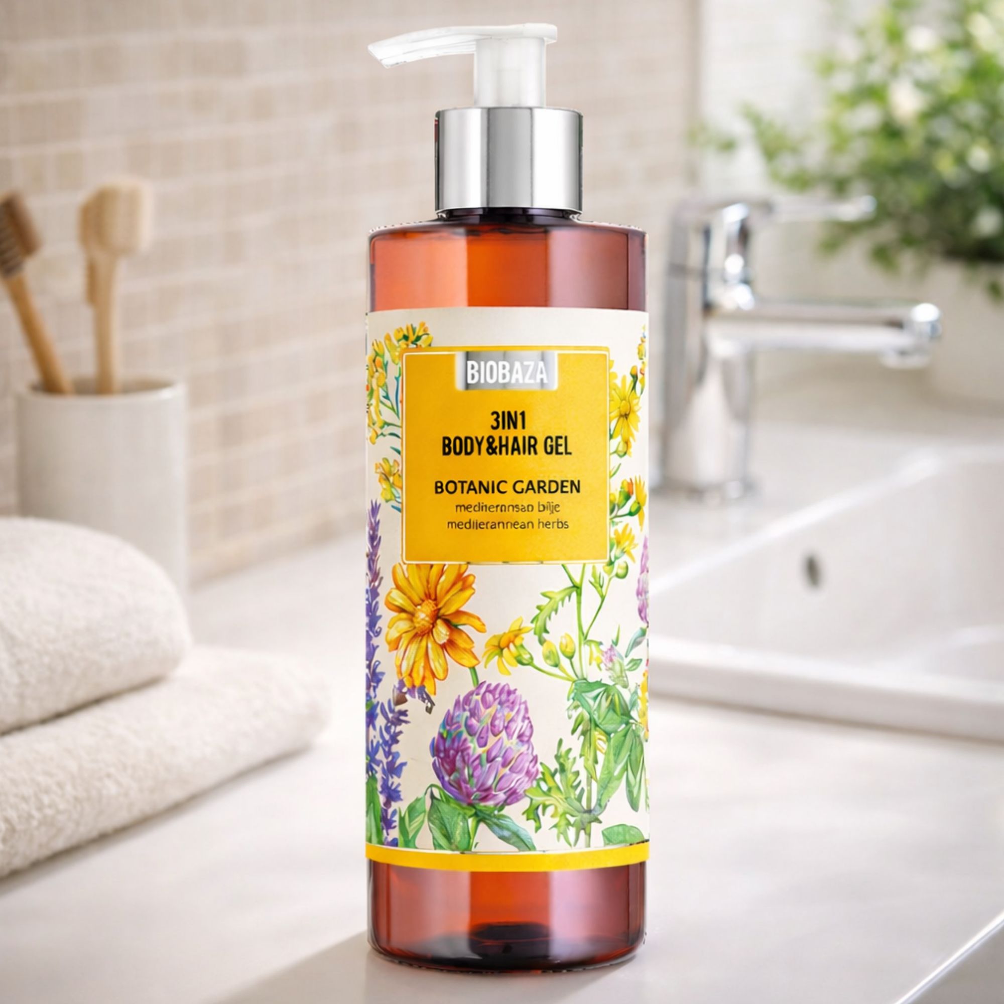 Flacon marron avec étiquette. Inscription : Biobaza 3in1 Body&Hair Gel Botanic Garden. Posé sur une étagère.