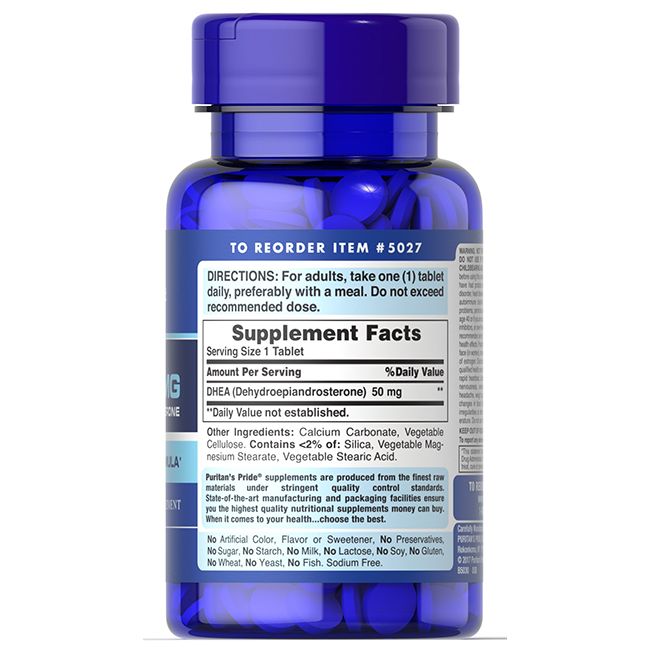 Arrière d'une bouteille Puritan's Pride DHEA 50mg avec faits nutritionnels et instructions. Contient 100 comprimés.