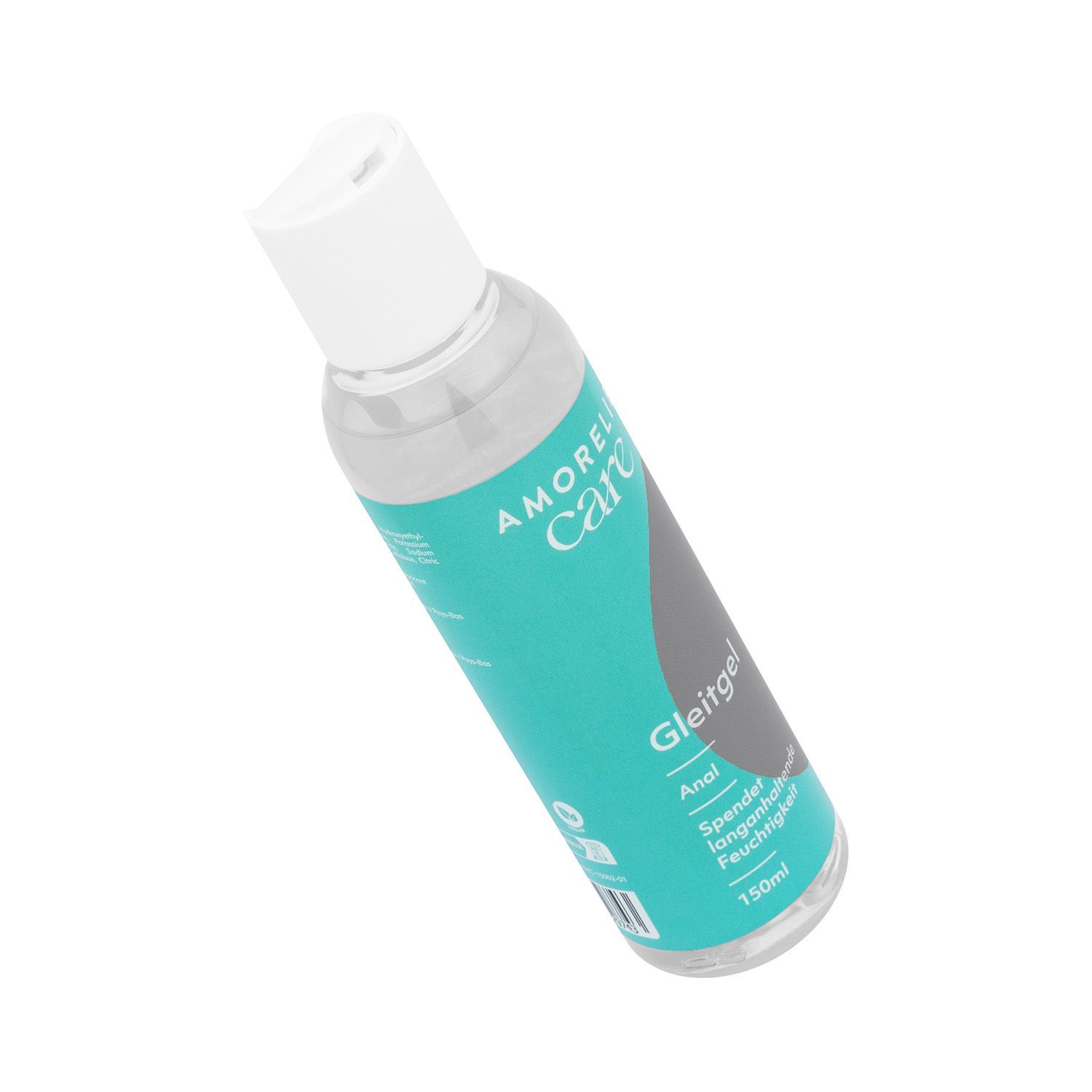 Schuin staande fles met witte dop. Turquoise etiket met "AMORELIE care" en "Gleitgel".
