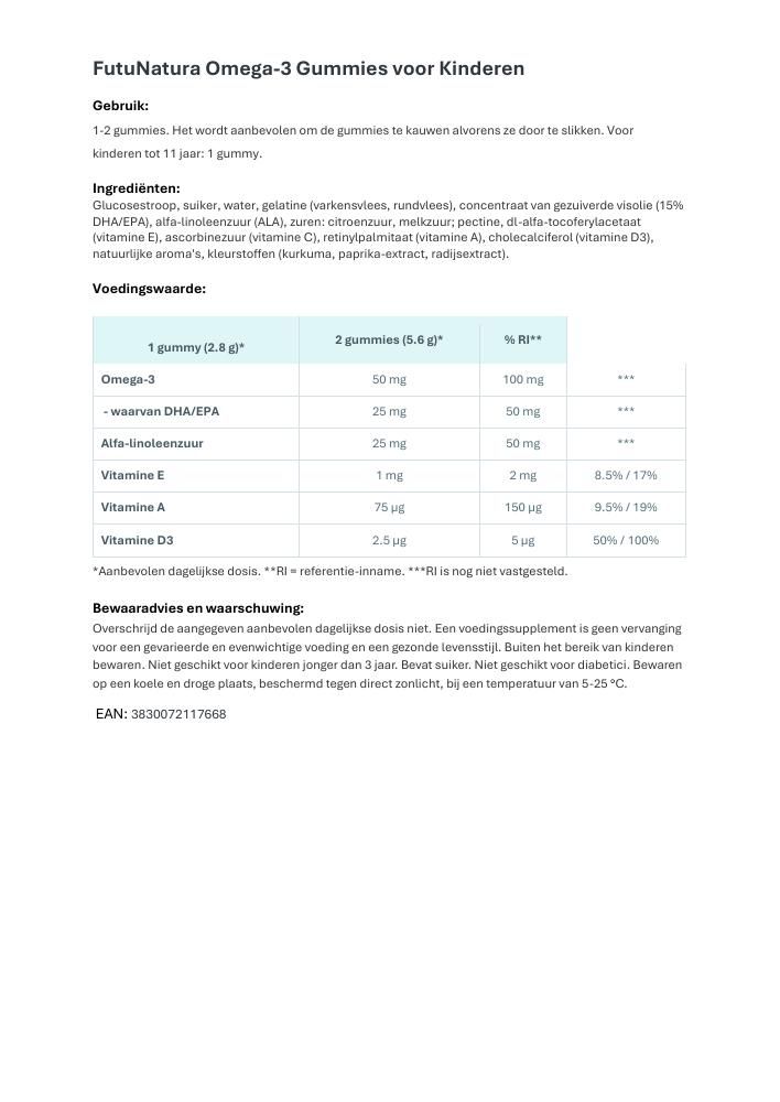 Productinformatie over FutuNatura Omega-3 Gummies voor kinderen. Bevat voedingsinformatie en ingrediënten.