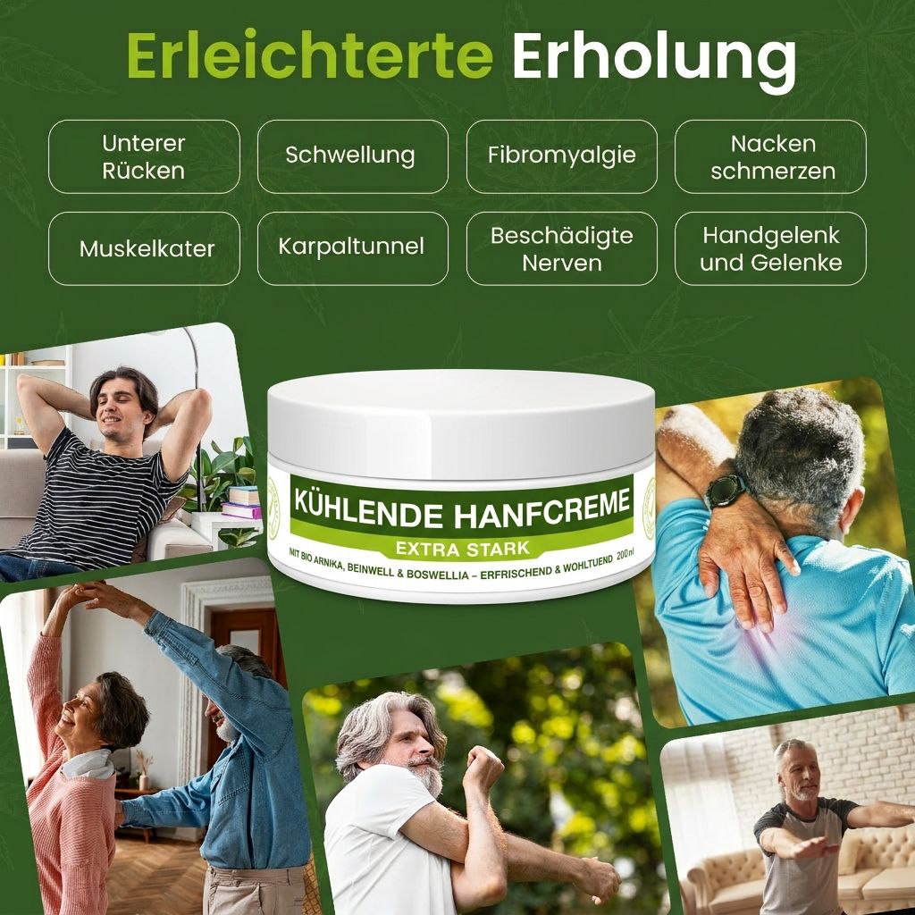 Pot blanc avec texte vert: KÜHLENDE HANFCREME. Extra fort. Personnes dans diverses poses se détendant et bougeant.