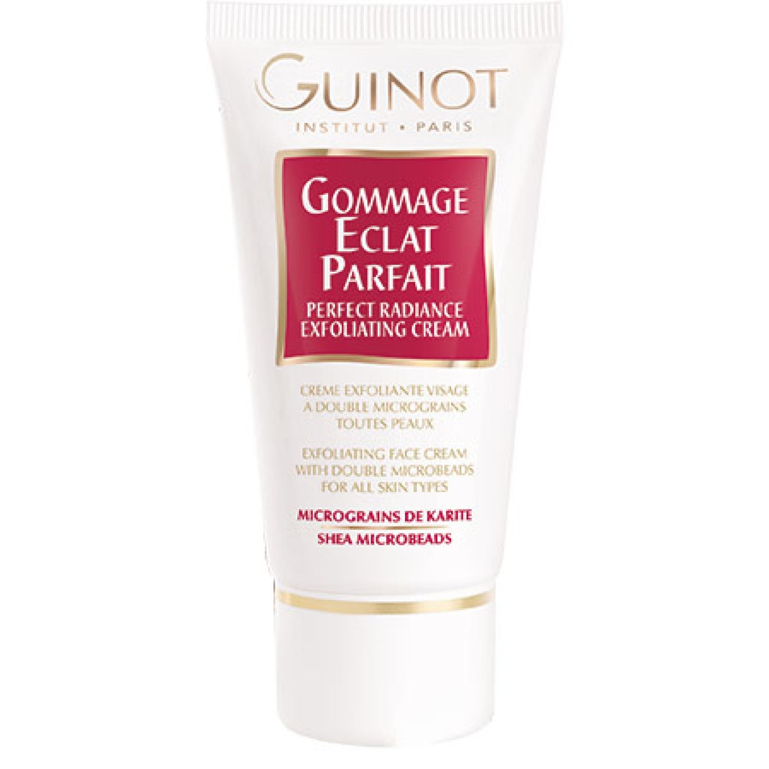 Tube de crème avec étiquette rouge. Inscription: Guinot, Gommage Eclat Parfait, Perfect Radiance Exfoliating Cream.