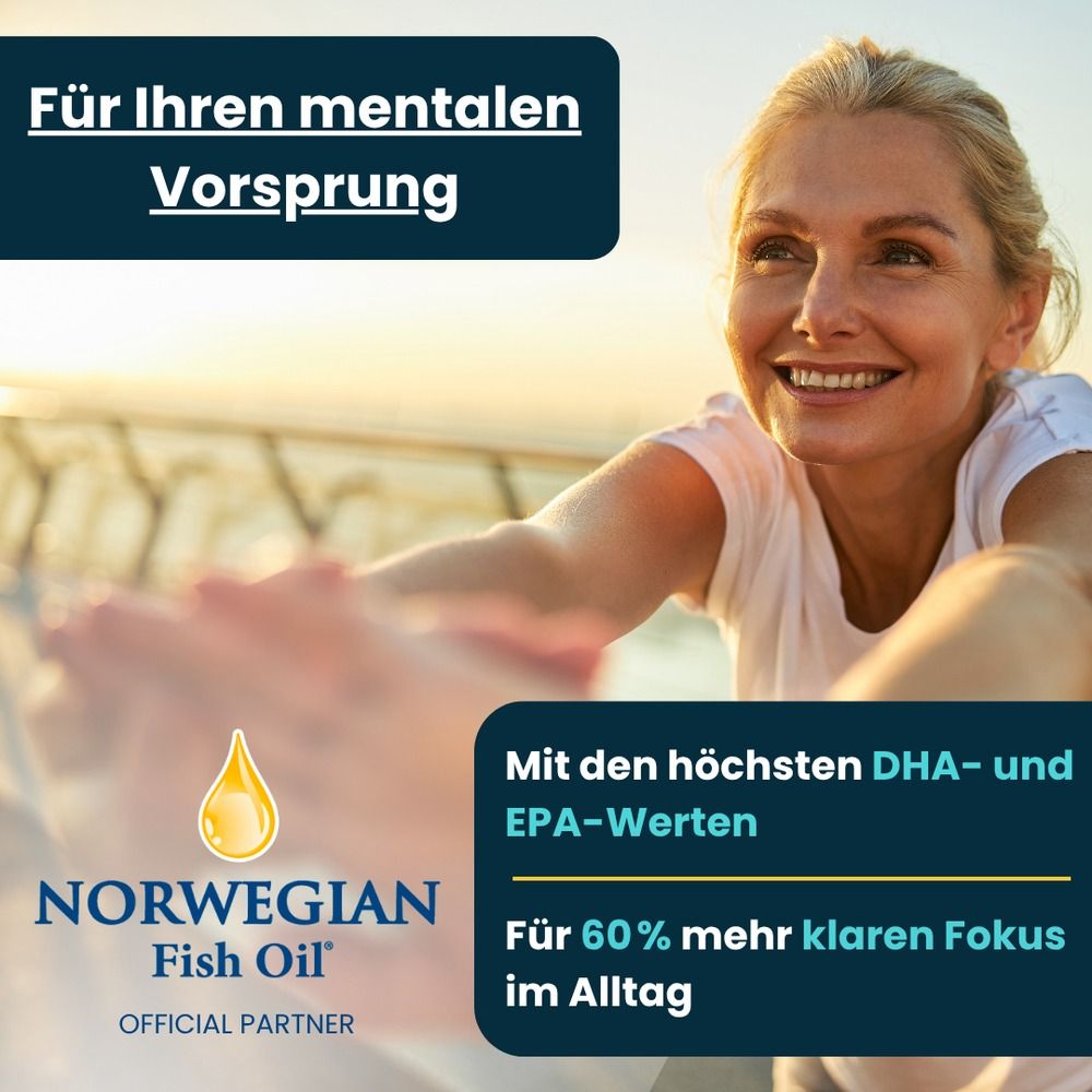 Vrouw lacht. Tekst: Voor uw mentale voorsprong. Logo: Norwegian Fish Oil. Tekst: Met de hoogste DHA- en EPA-waarden.