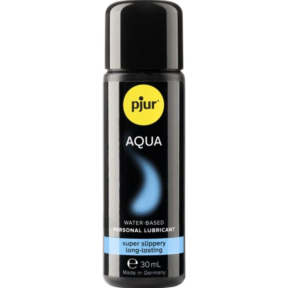 Petit flacon noir avec bouchon noir. Inscription : pjur AQUA, à base d'eau, super glissant, longue durée. 30ml.