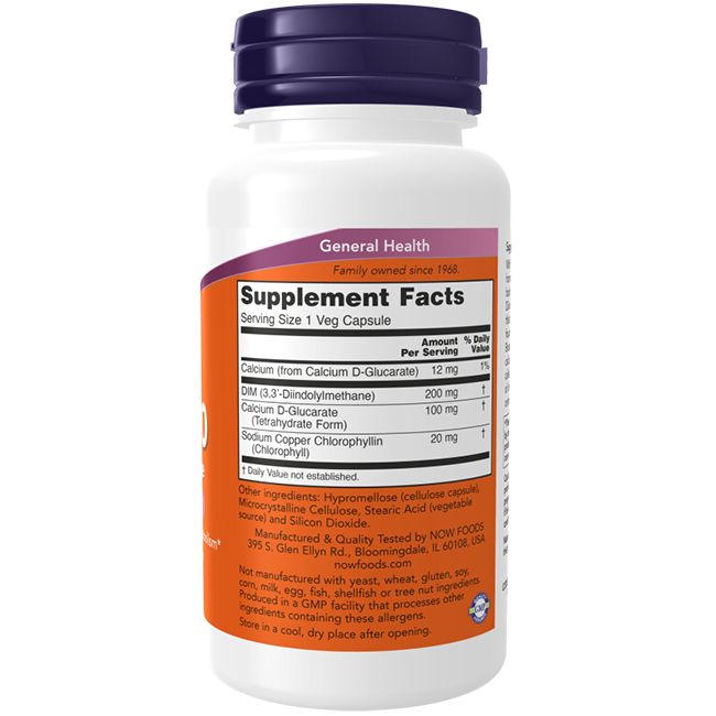 Flacon blanc avec bouchon violet. Étiquette orange avec informations sur le produit et ingrédients. Texte: Supplement Facts.