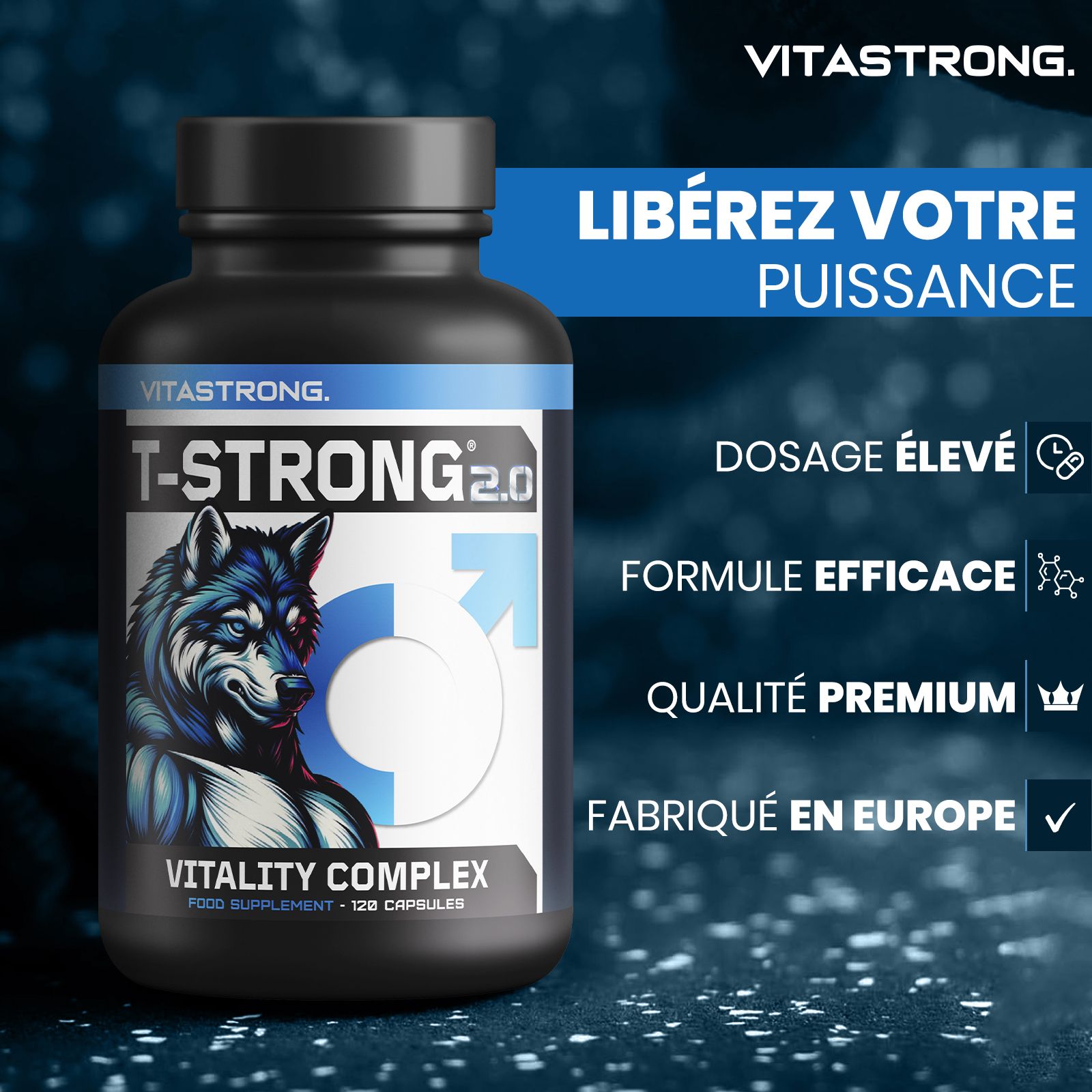Vitastrong T-STRONG 2.0 fles. Zwarte fles met blauw etiket. Bevat 120 capsules. Ingrediënten afgebeeld.