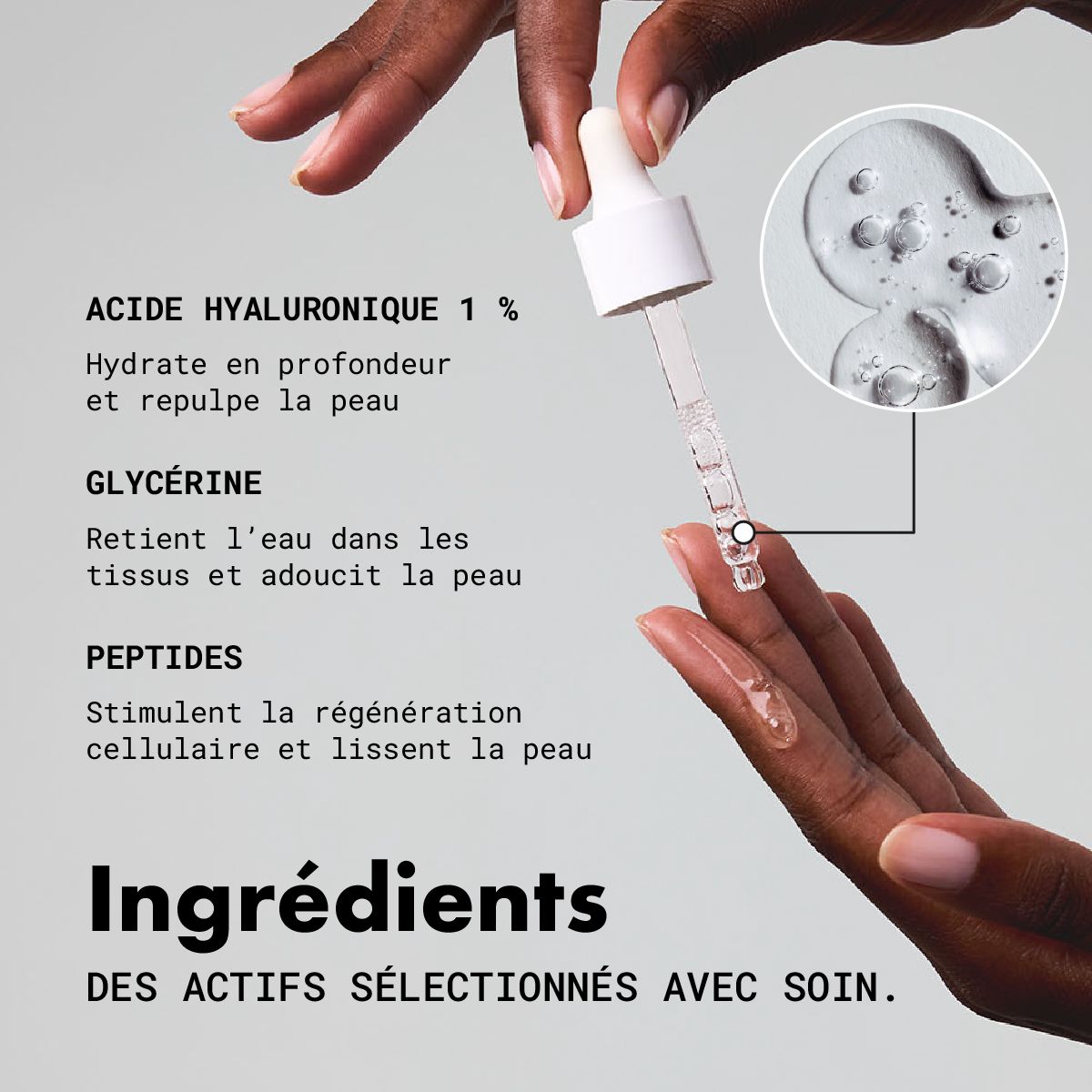 Ingrédients: Acide hyaluronique 1%, Glycérine, Peptides. Gouttes de sérum sur les doigts. Texte: Sérum Hydratation Intense.