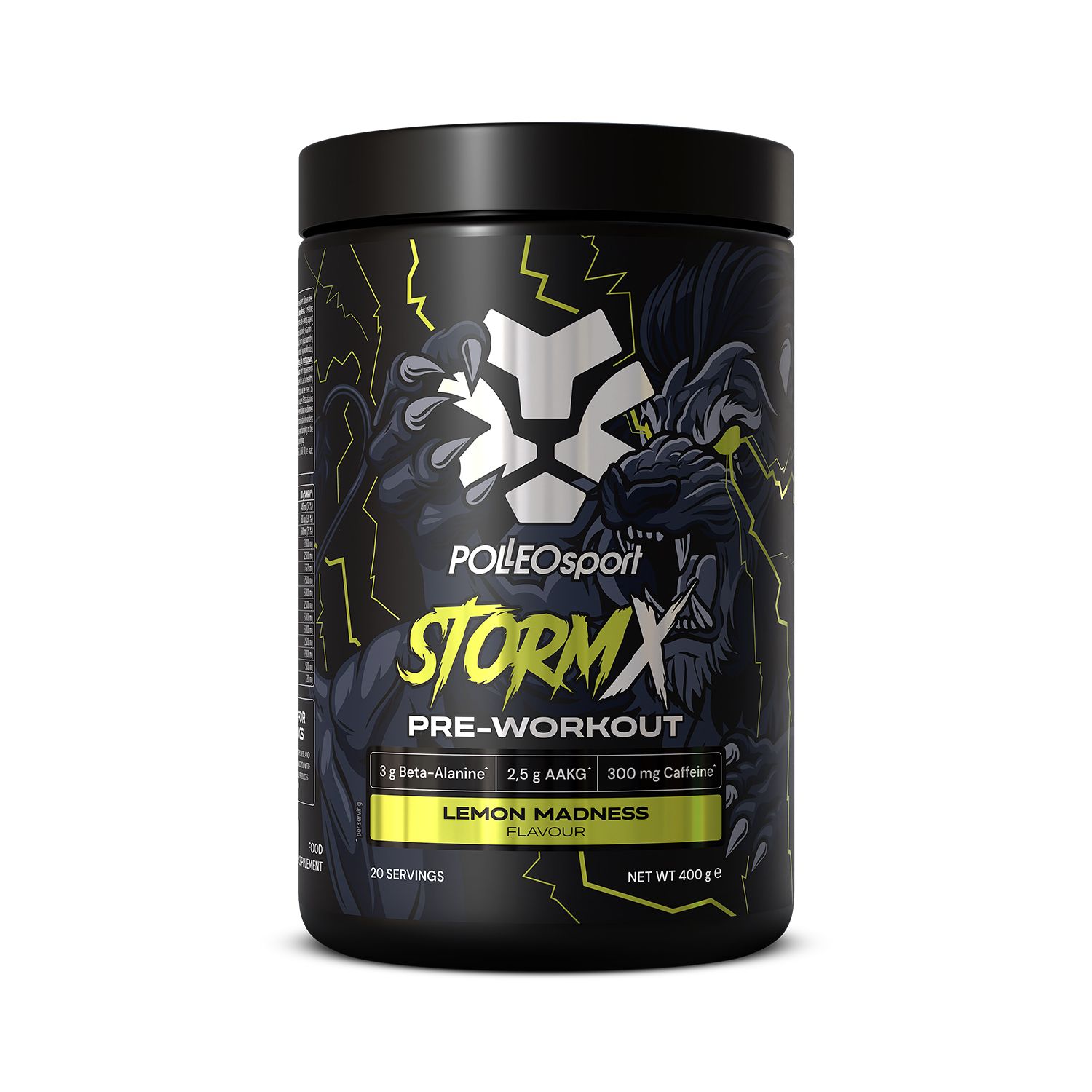 Pot noir "STORMX PRE-WORKOUT". Contient Beta-Alanine, AAKG et caféine. Saveur "Lemon Madness". Poids net 400g.