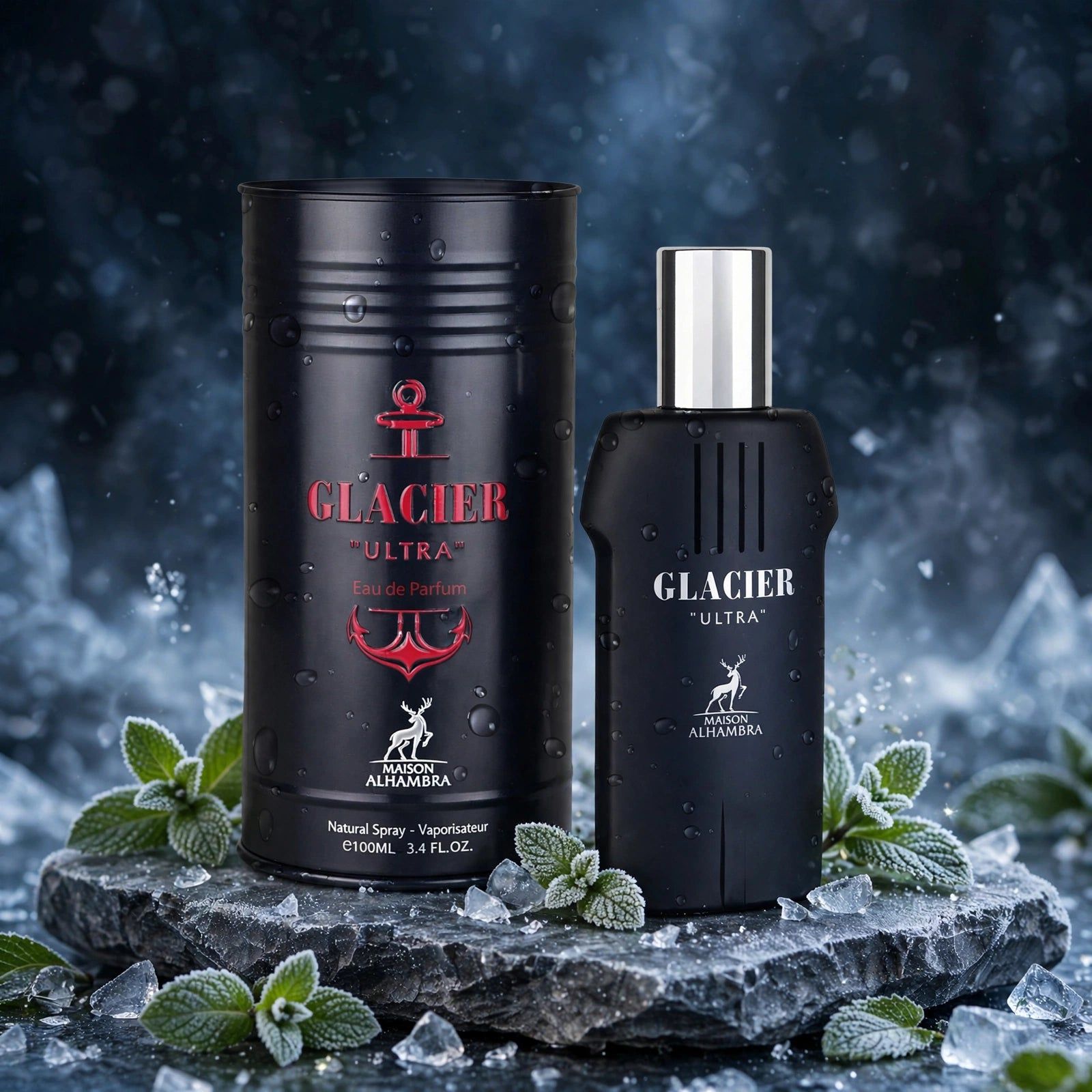 Flacon de parfum noir et boîte Glacier Ultra avec menthe.