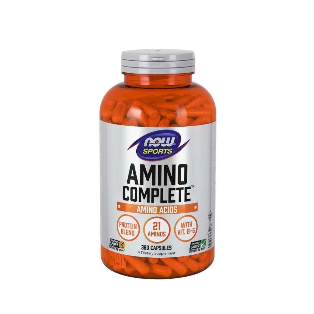 Flacon de gélules orange. Étiquette avec "NOW SPORTS AMINO COMPLETE AMINO ACIDS". Contient 360 gélules. Marque de qualité.