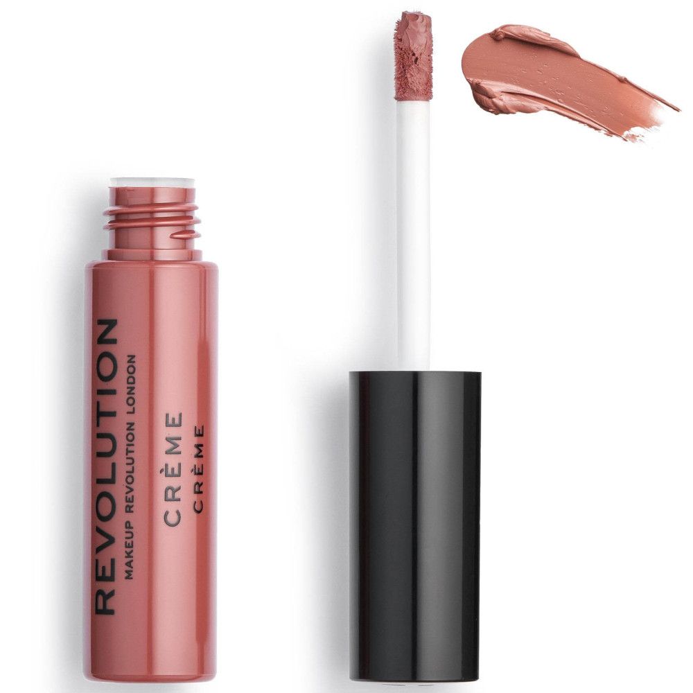 Applicateur de rouge à lèvres crème et échantillon de couleur. Flacon avec bouchon noir, nom du produit et marque.