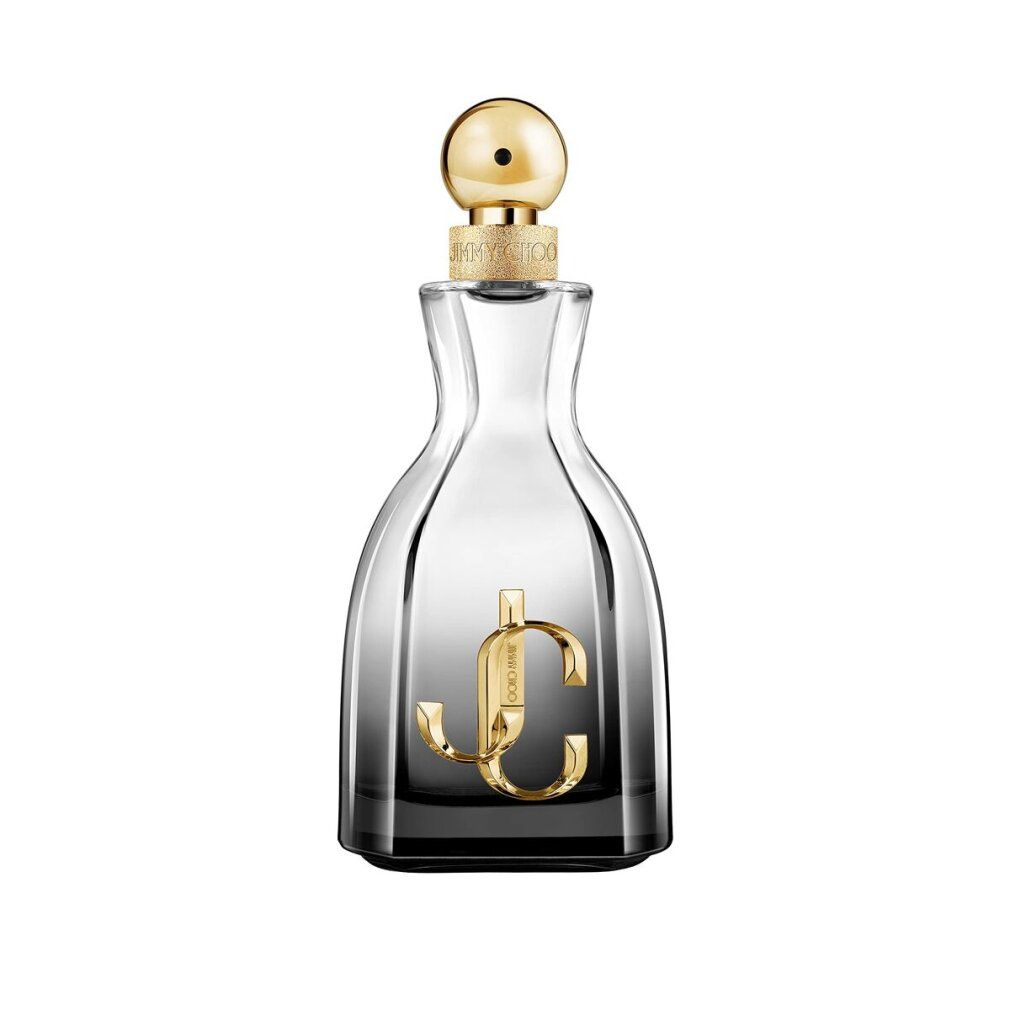 Flacon de parfum avec bouchon doré et logo. Dégradé de transparent à gris foncé.