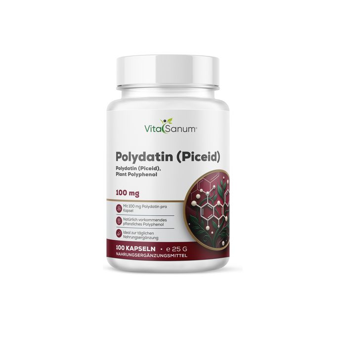 VitaSanum Polydatin (Piceid) capsules, 100 mg. Witte container met rood etiket en plantenmotief.
