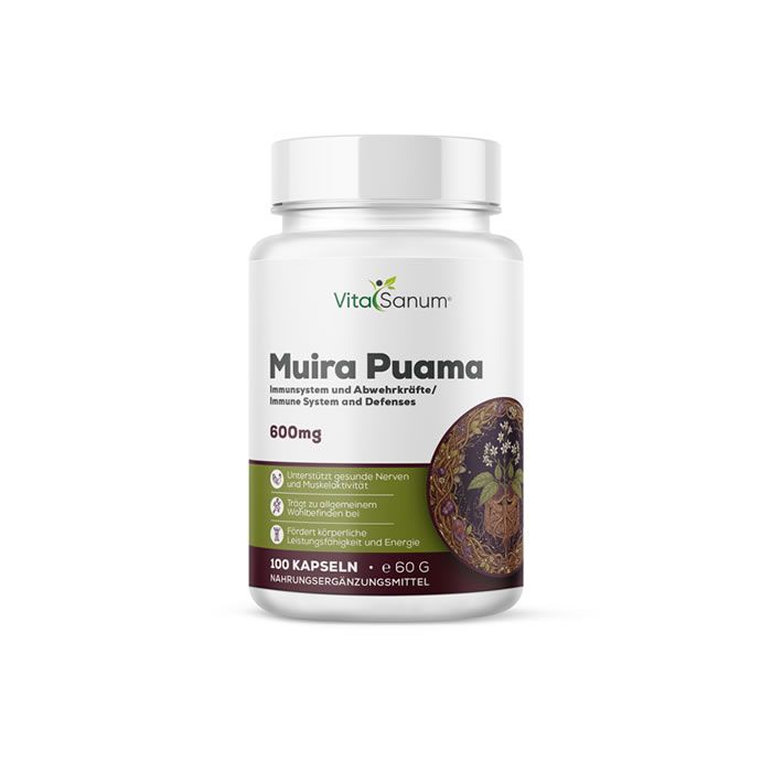 Flacon blanc de gélules VitaSanum® Muira Puama. 600mg, 100 gélules. Étiquette verte et marron avec informations et logo.