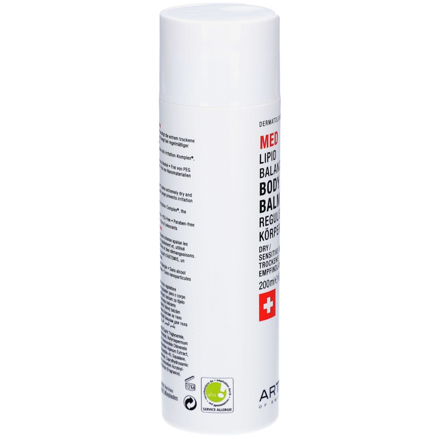 Witte fles met rode en zwarte tekst. MED Lipid Balancing Body Balm. Zwitsers kruis. 200ml.
