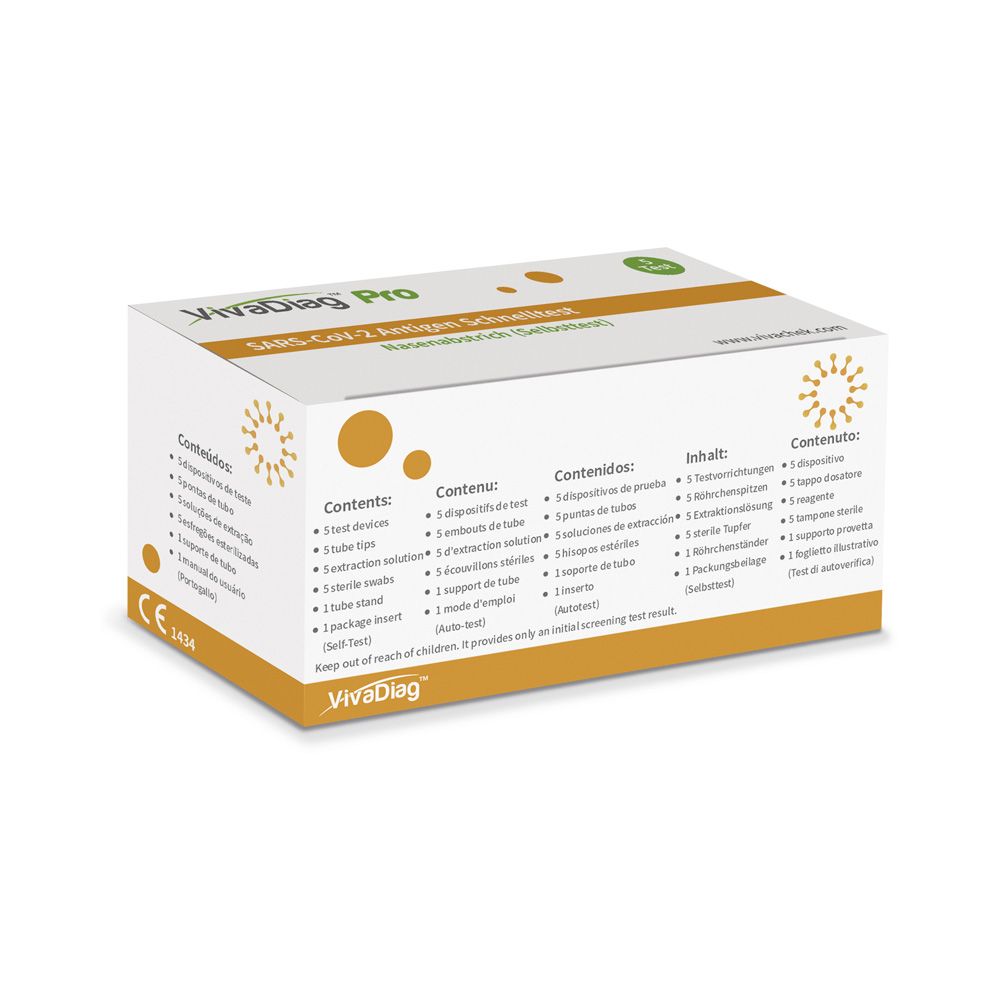 Emballage VivaDiag Pro test antigénique. Boîte avec informations produit et marquage CE.