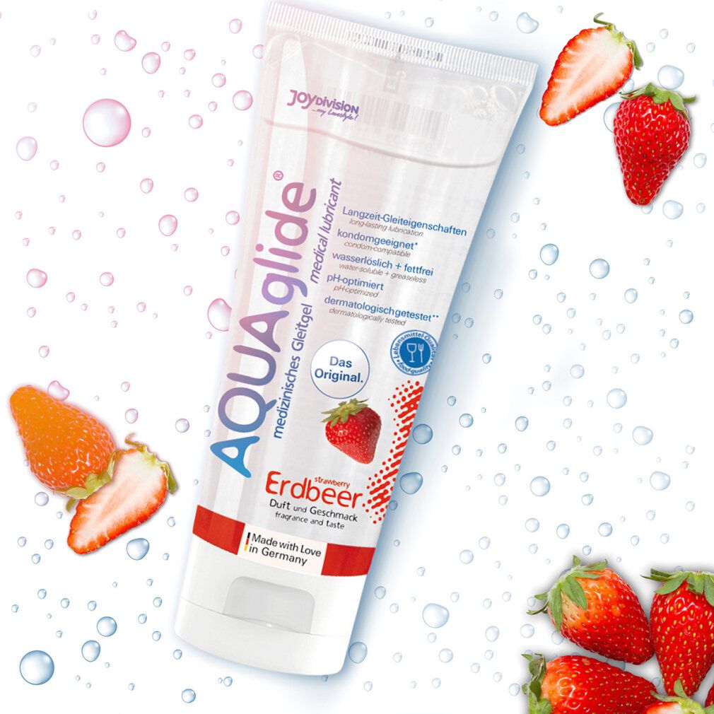 Gel lubrifiant AQUAglide Fraise en tube, entouré de fraises et de gouttes d'eau. Texte : "Das Original", "Made in Germany".