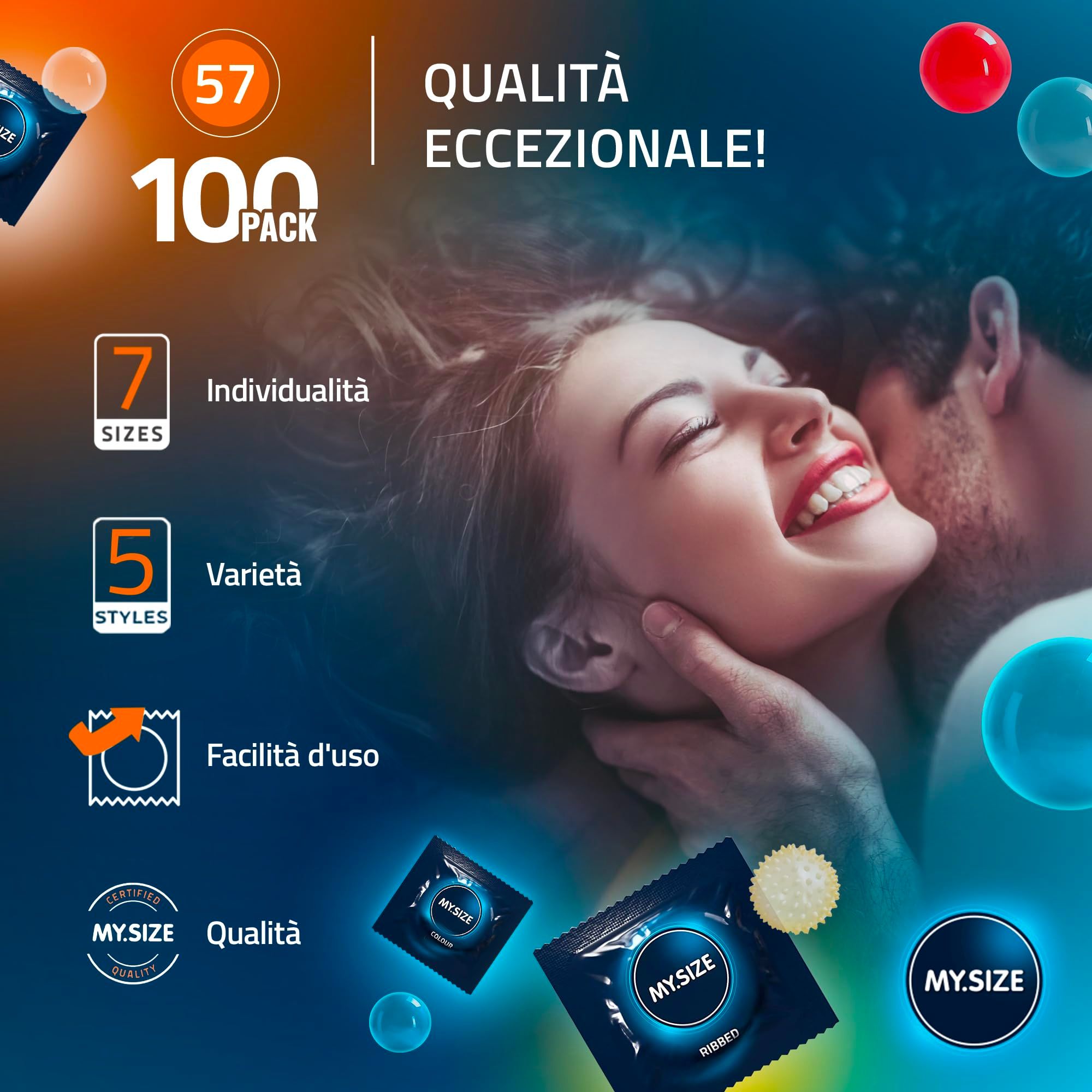 Pack de 100 préservatifs, 7 tailles, 5 styles, sceau de qualité.