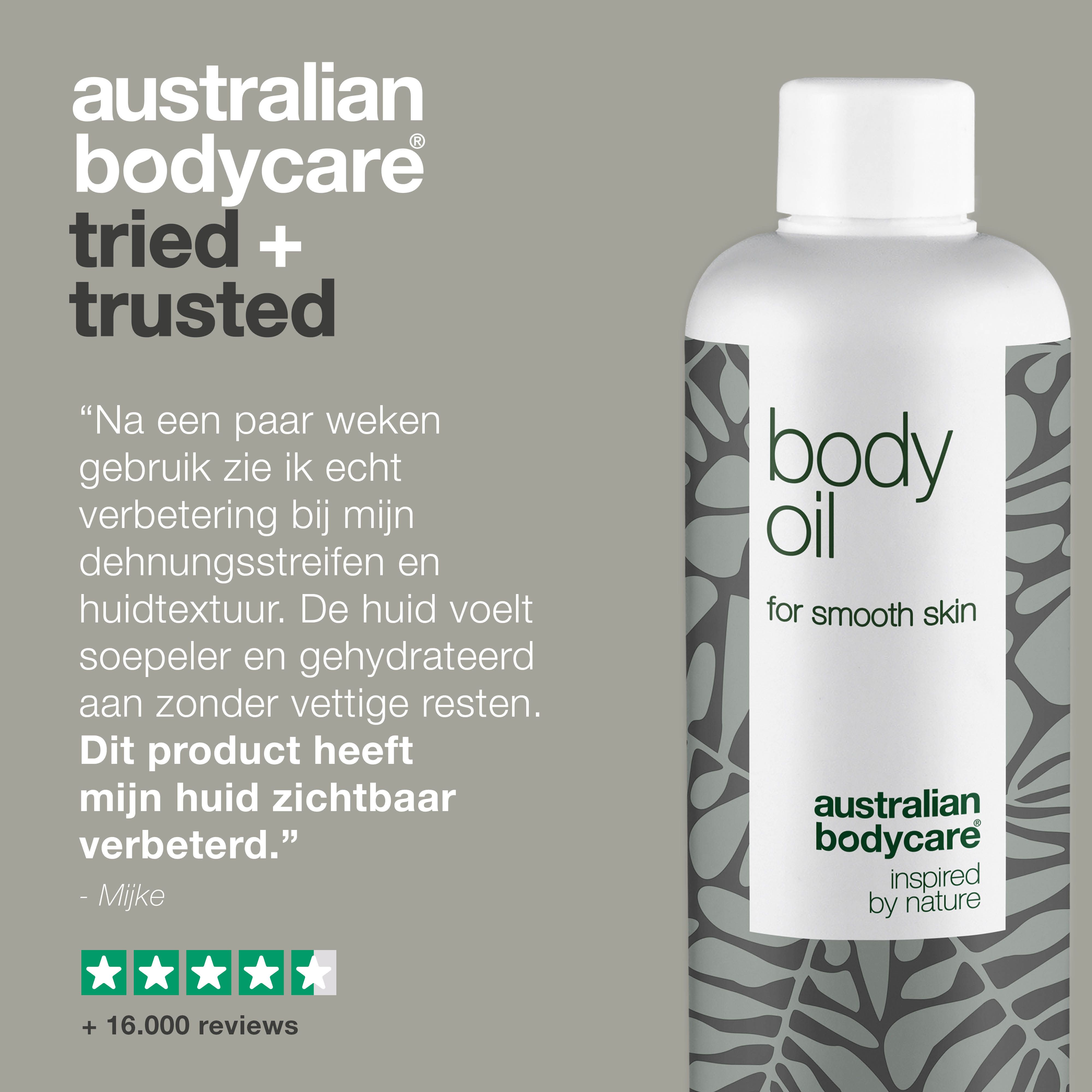 Product en zwangere vrouw met striae. Opschrift: body oil, australian bodycare.
