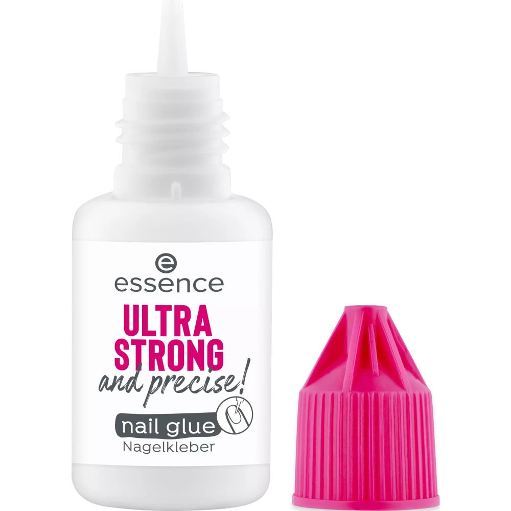 Witte fles met roze dop. Opschrift: Essence, Ultra Strong and precise!, nail glue, Nagelkleber.