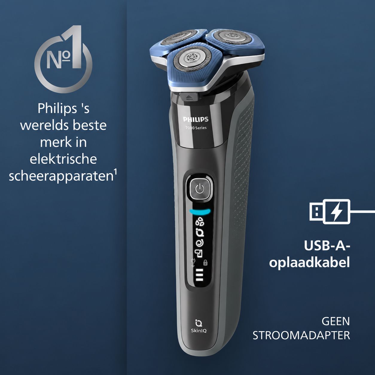 Elektrische scheerapparaat met drie roterende koppen, blauw accent en digitaal display. USB-A oplaadkabel inbegrepen.