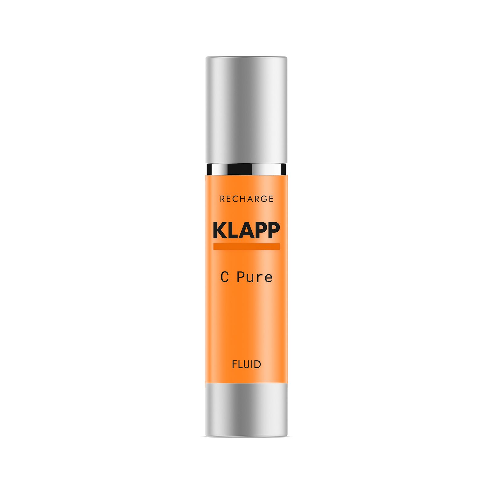 Cilindrische fles met zilveren dop en oranje etiket. Opschrift: KLAPP, C Pure, Fluid.