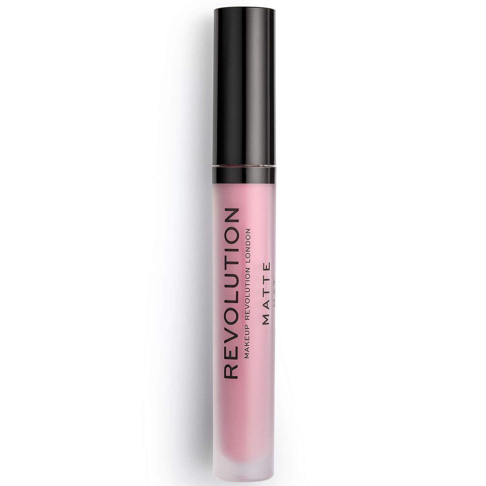 Tube de gloss fermé. Teinte rose, capuchon noir. Inscription: REVOLUTION, MATTE.