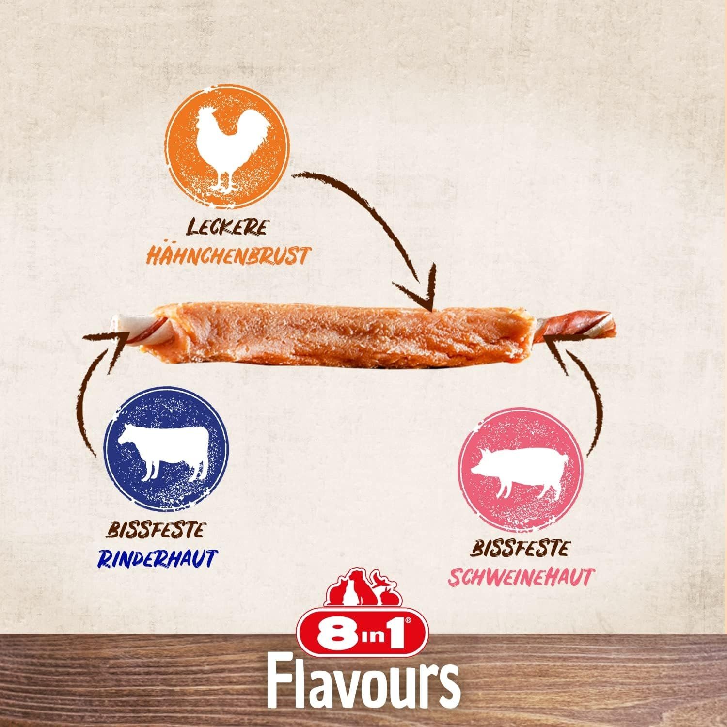 Friandise pour chien au poulet, bœuf et porc. Triple saveur.
