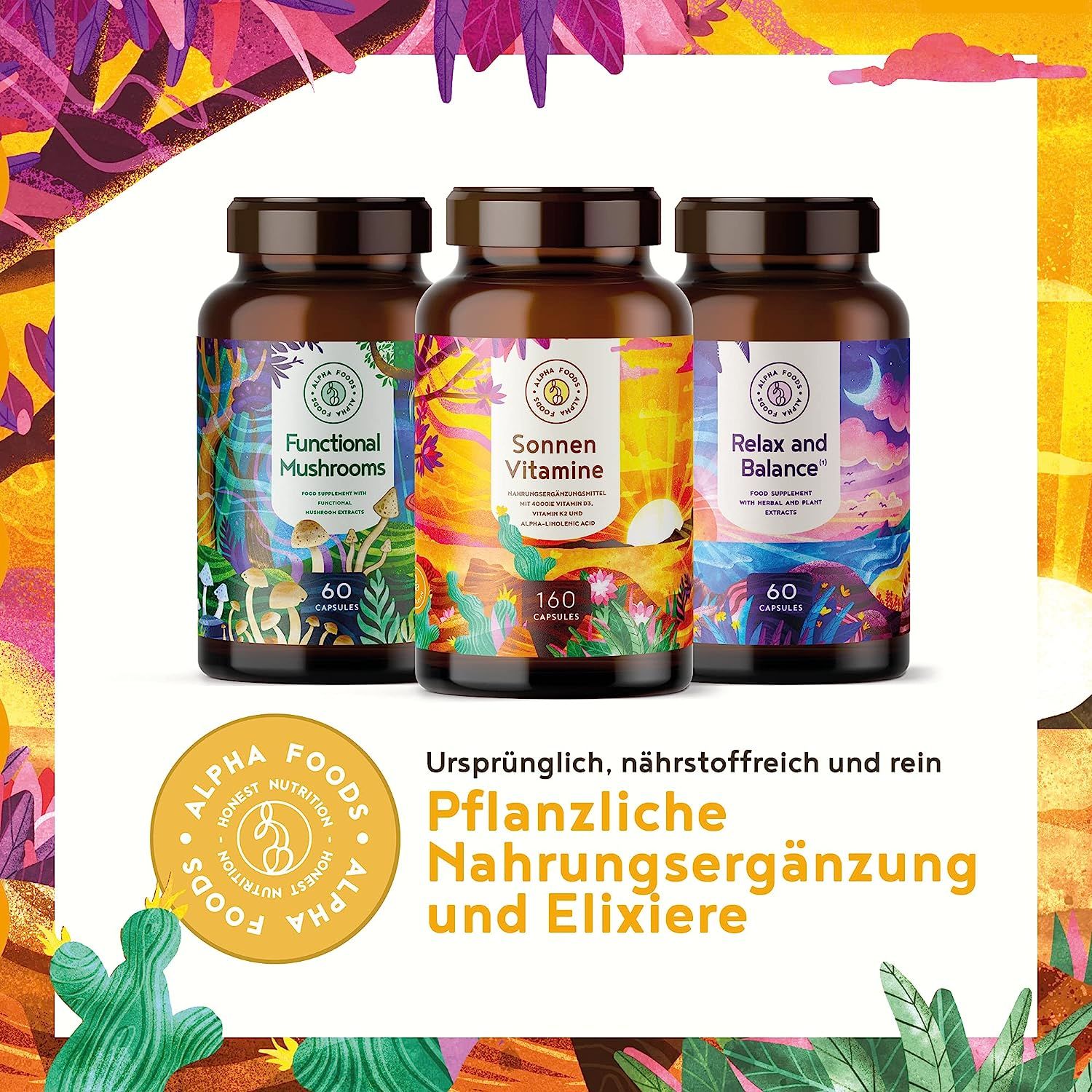 Trois bouteilles de produits Alpha Foods : Sonnen Vitamine, etc.