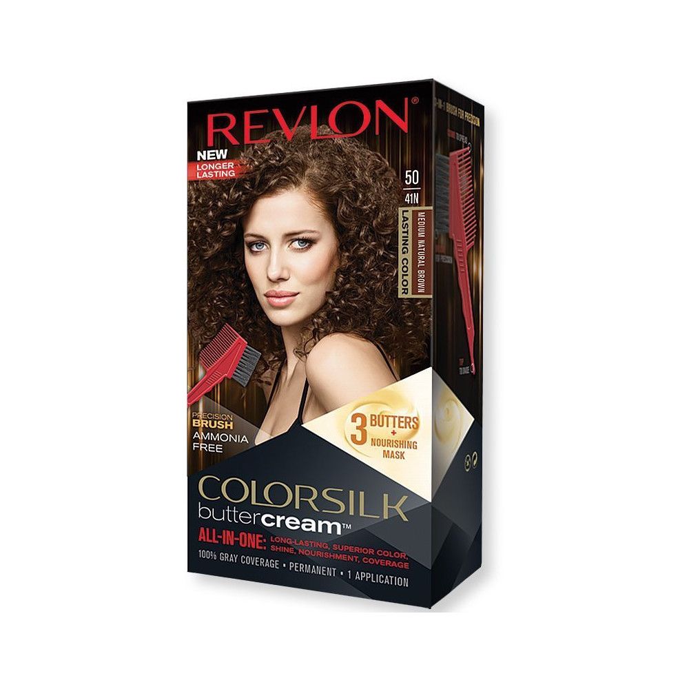 Boîte de coloration capillaire Revlon Colorsilk Buttercreme. Image d'une femme aux cheveux bruns. Texte : « ALL-IN-ONE » et « 100% couverture des gris ».