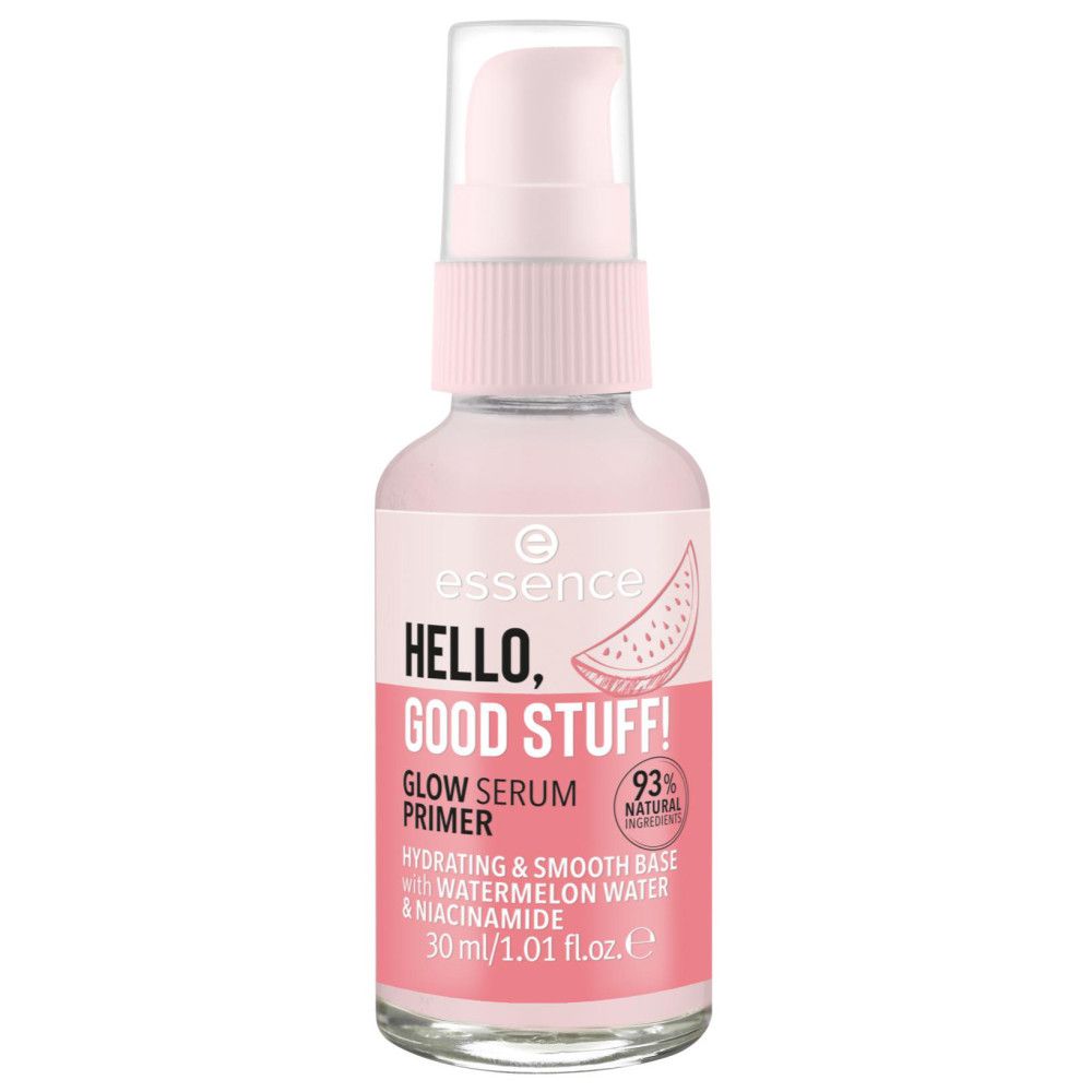 Flacon rose avec pompe. Inscription: Essence, Hello, Good Stuff!, Glow Serum Primer. 93% ingrédients naturels.