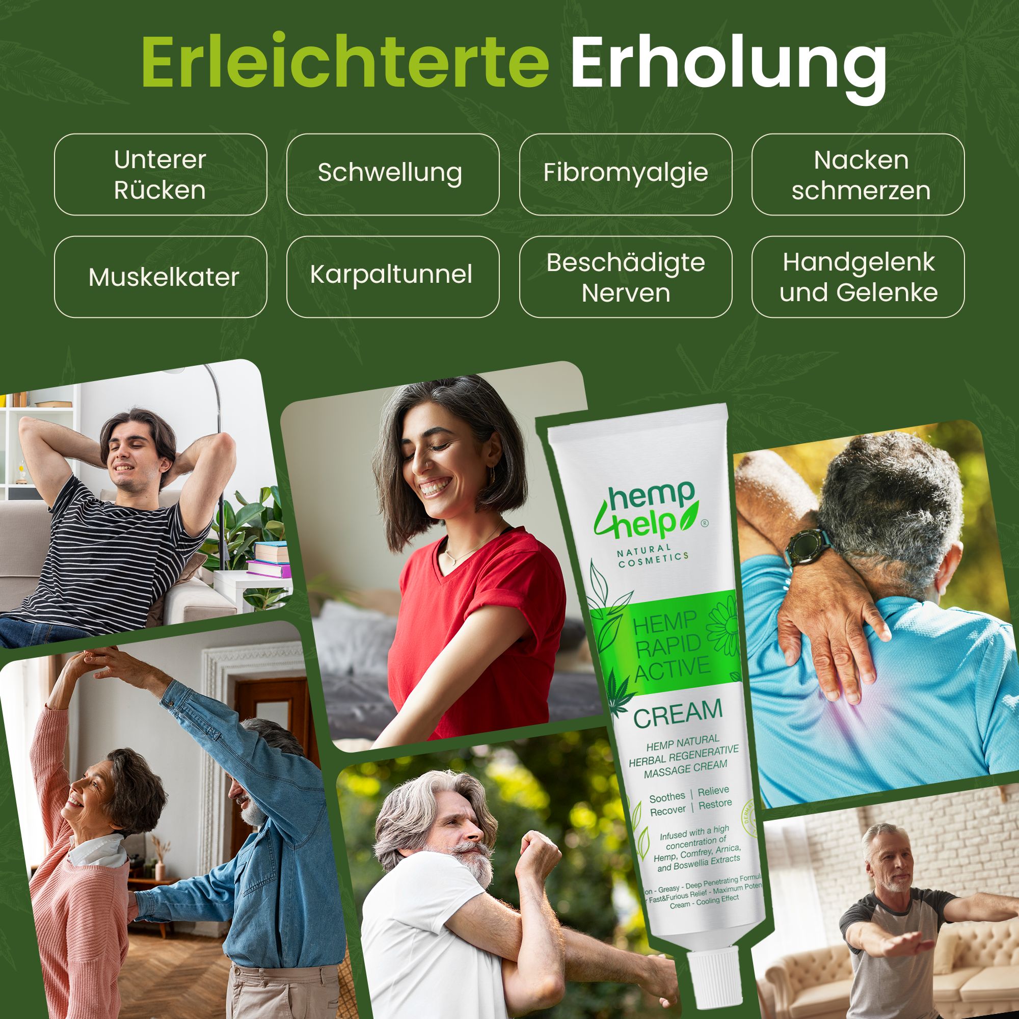 Tube de crème Hemp+Help Rapid Active avec des images de personnes se relaxant et s'étirant.