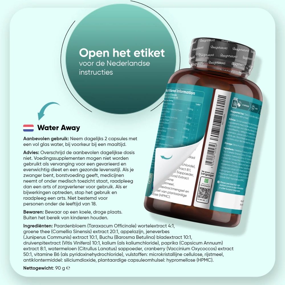 Bruine fles Water Away. Sticker met Nederlandse instructies. Ingrediënten, gebruik, waarschuwingen.