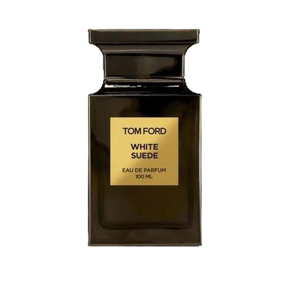 Flacon noir Tom Ford White Suede Parfum. Étiquette dorée avec nom du produit. 100 ml.