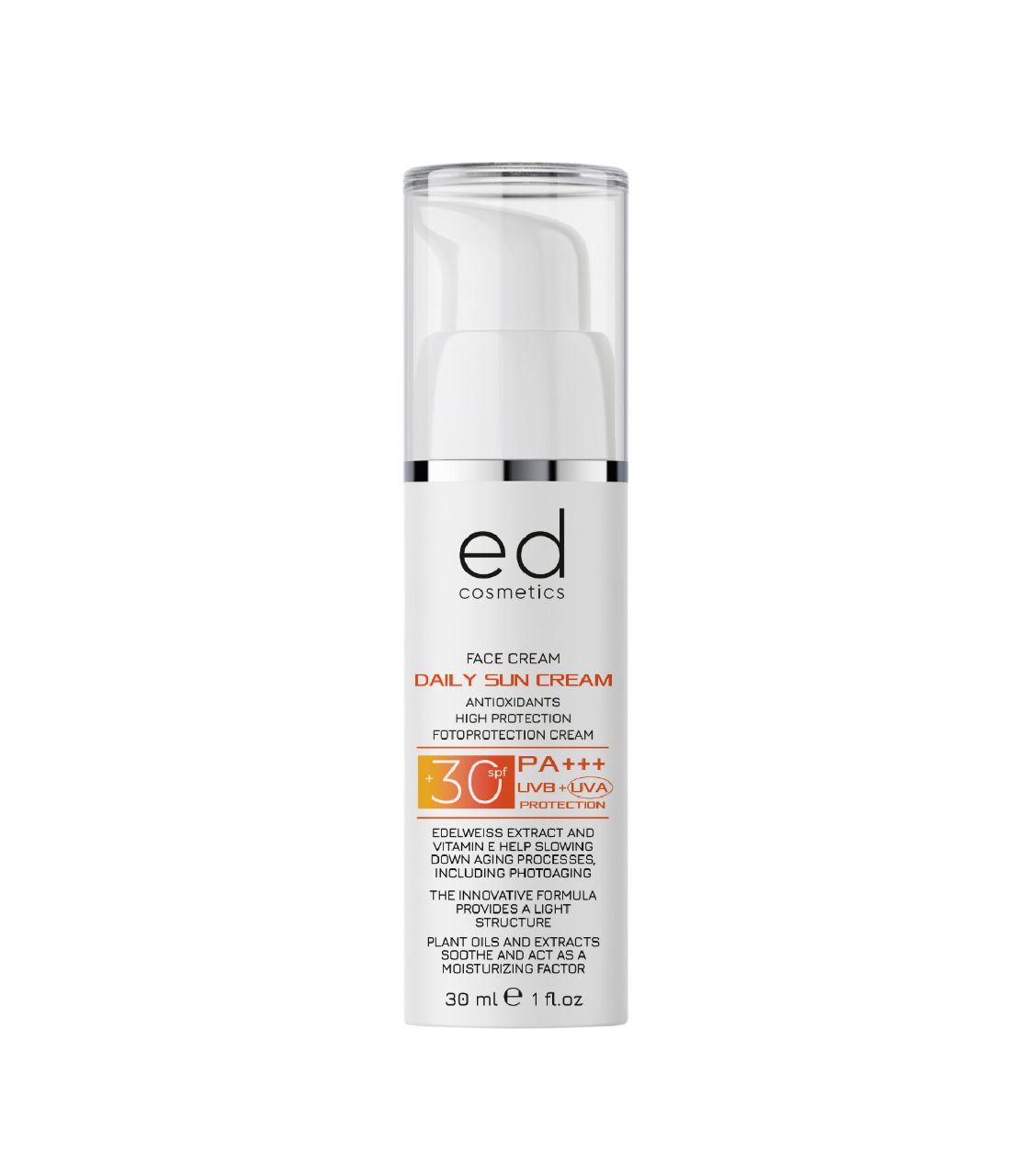 Flacon de crème solaire blanc avec pompe. Inscription : ED cosmetics, Face Cream, Daily Sun Cream, SPF 30, PA+++.