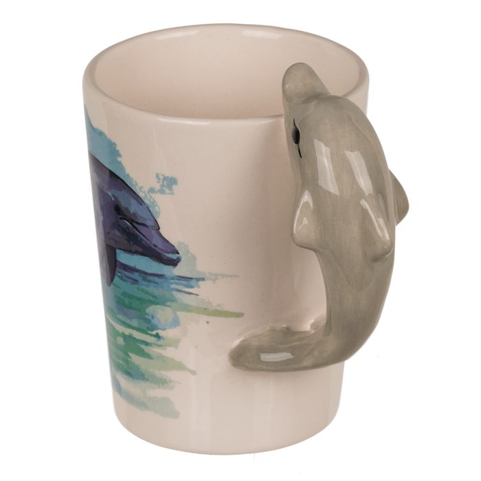 Beker met dolfijnvormig handvat en dolfijnmotief. Het handvat is een grijze dolfijn. Merk: Out of the blue.