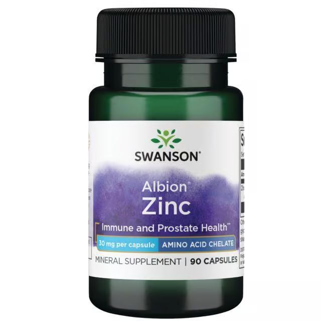 Groene fles met zwarte dop. Label met "SWANSON Albion Zinc", 30 mg per capsule, 90 capsules.