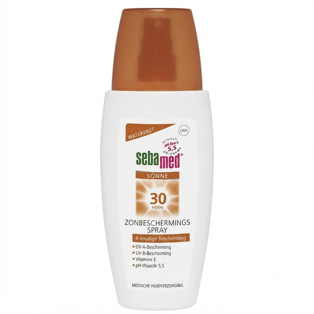 Sebamed Zonnebrand Spray SPF 30, witte flacon met oranje spuitdop, zijaanzicht.