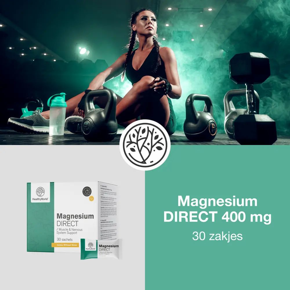 Sportvrouw met gewichten. Magnesium DIRECT 400 mg, 30 zakjes. Merk HealthyWorld. Productafbeelding.