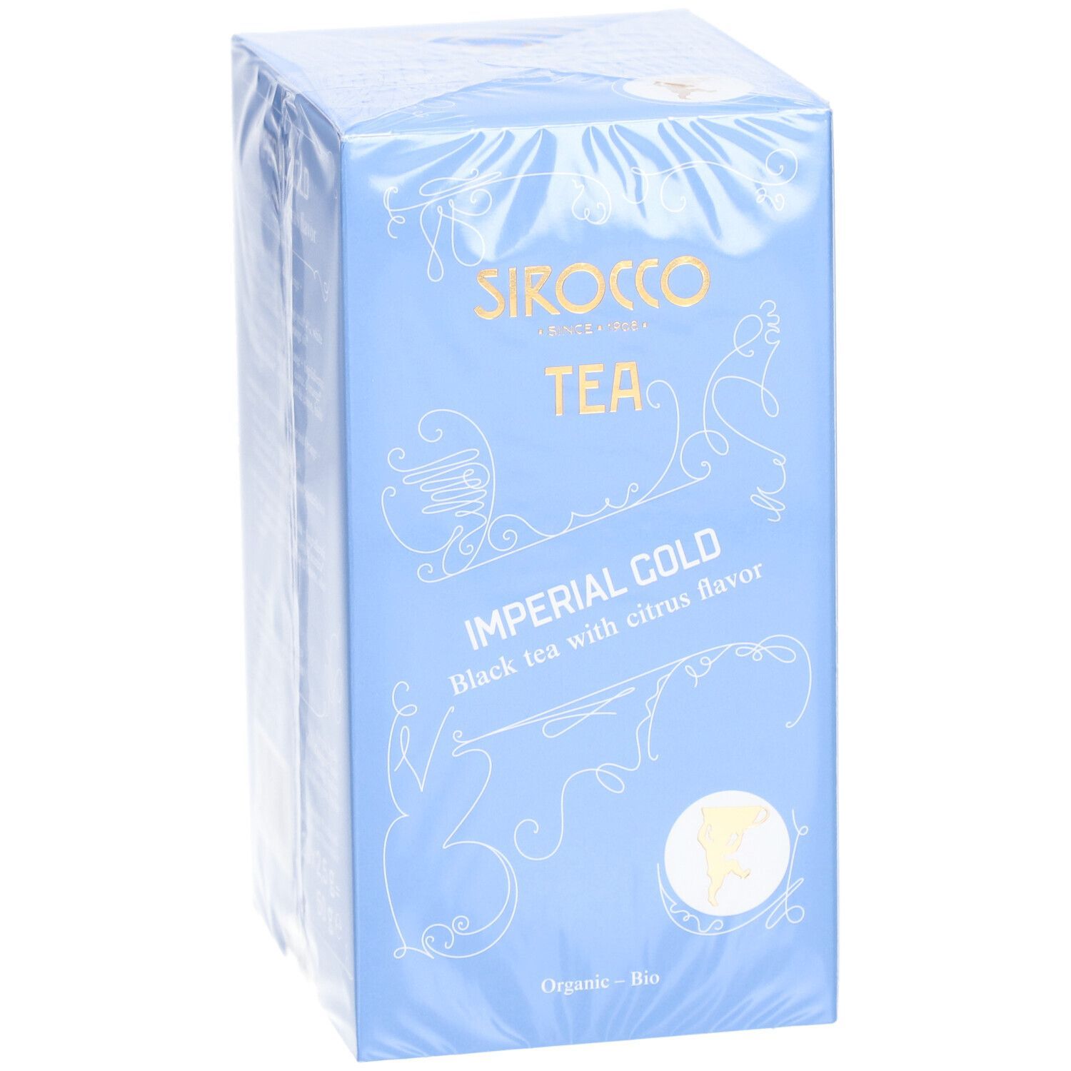 Boîte bleu clair "Sirocco Tea Imperial Gold Black mit Zitrone & Orange". Emballée dans du film plastique.
