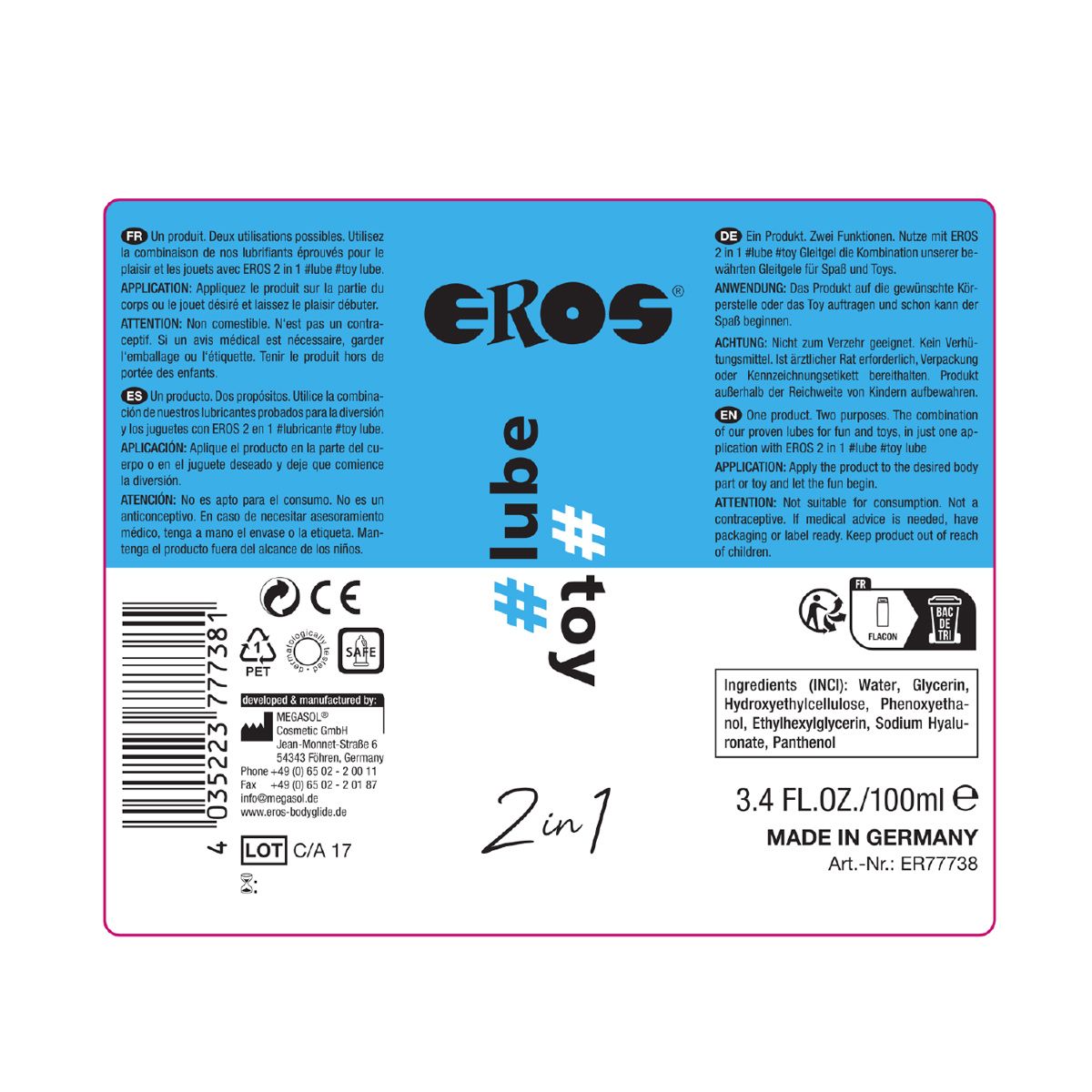 Dos d'une bouteille. Inscription: EROS, #lube, #toy, 2en1. Ingrédients, avertissements, certifications.