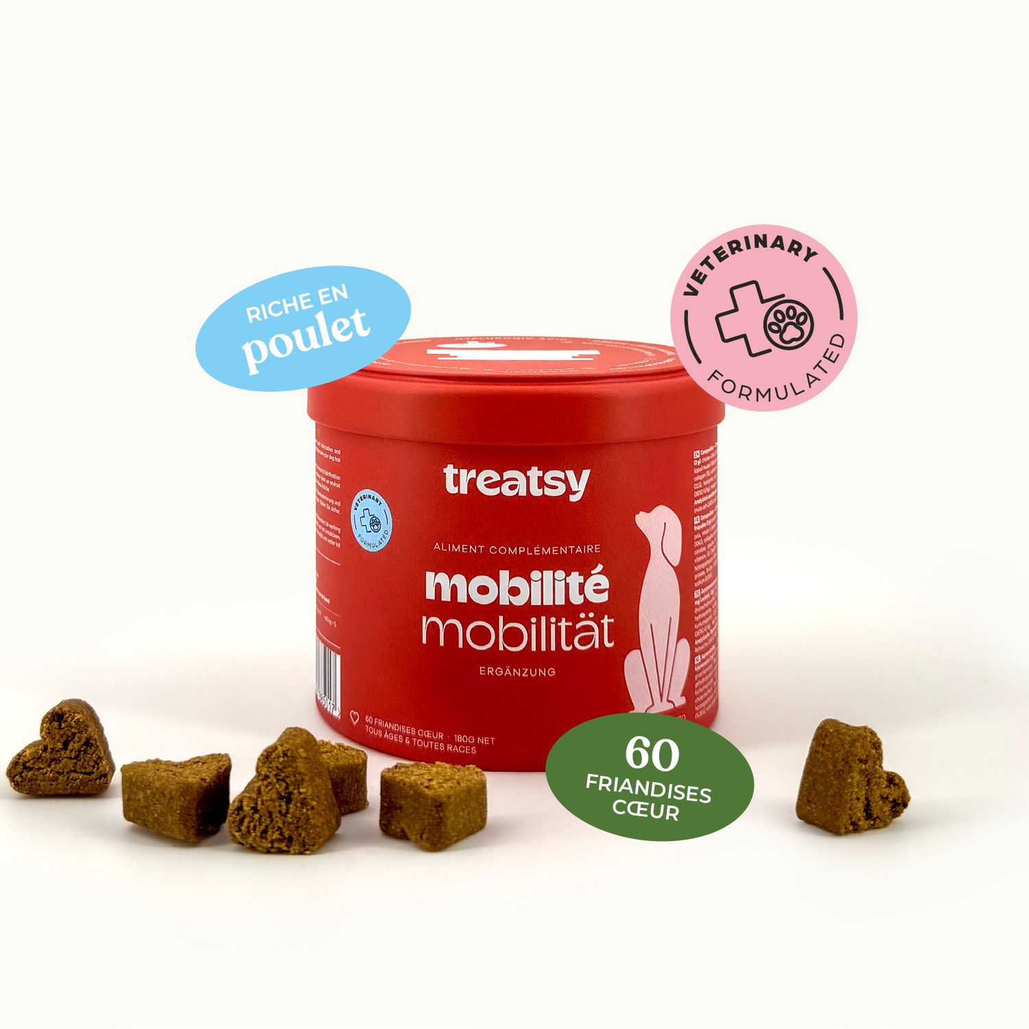 Boîte rouge Treatsy, mobilité. Friandises en forme de cœur. Recommandé par des vétérinaires.