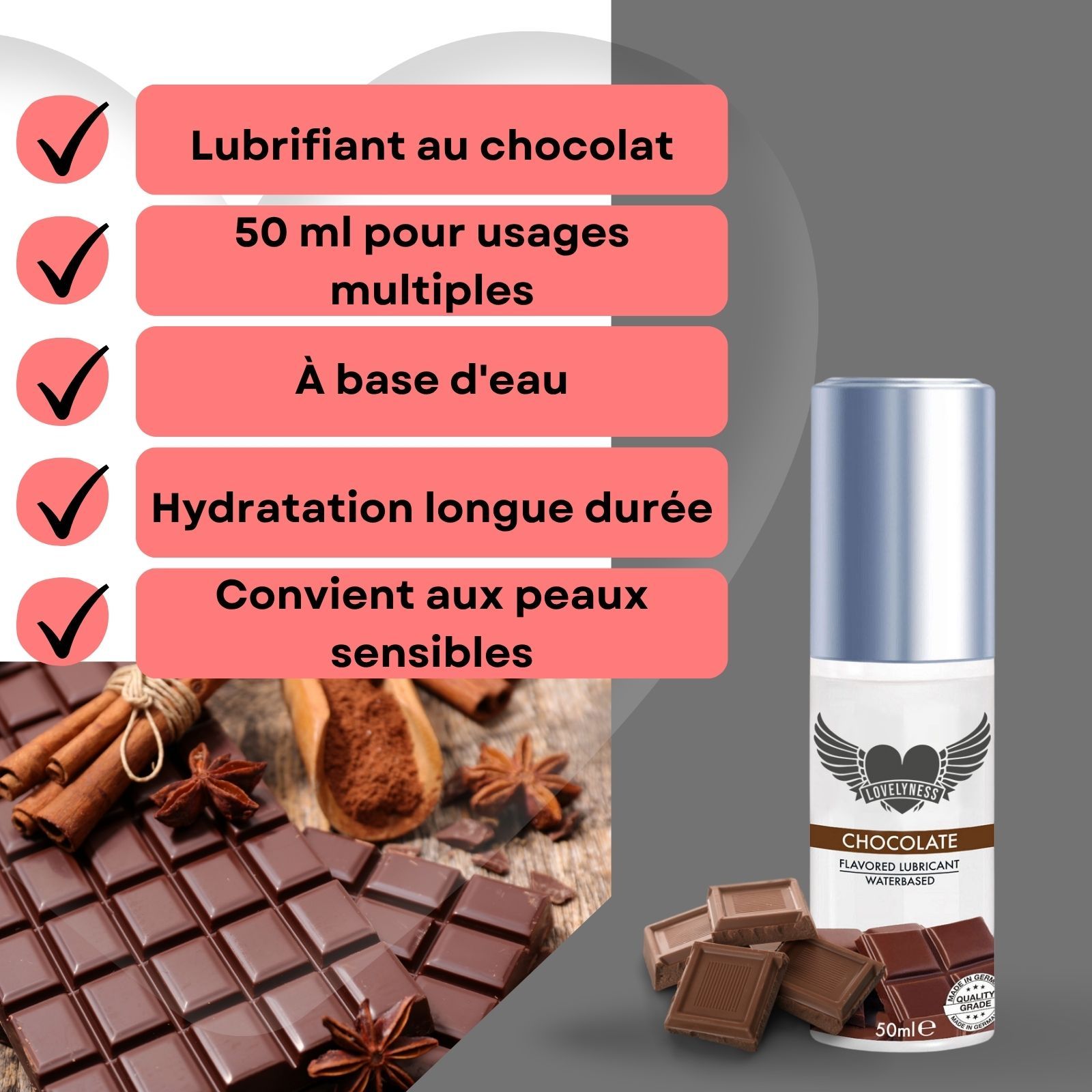 Lubrifiant au chocolat. 50 ml pour usages multiples. À base d'eau. Hydratation longue durée.