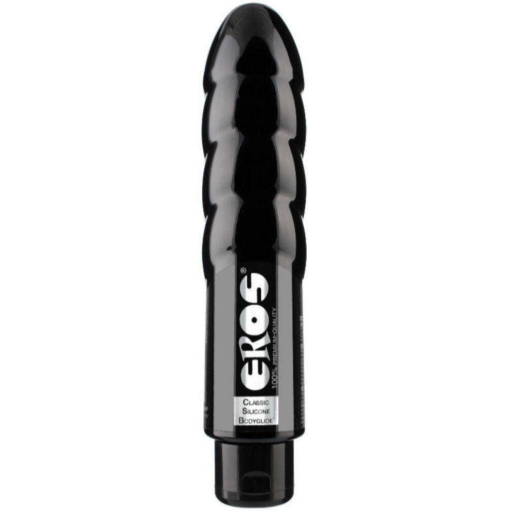 Zwarte Bodyglide met geribbelde kop en EROS-logo. Klass silicone.