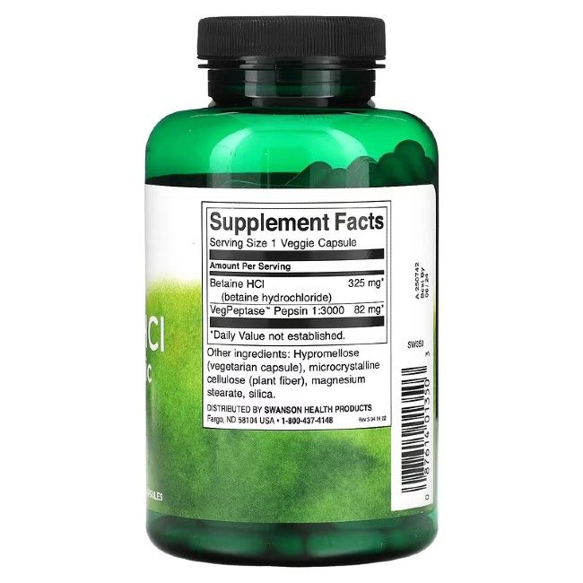 Dos du flacon vert. Étiquette avec informations nutritionnelles: Betaine HCl, VegPeptase, ingrédients. Marque: SWANSON.